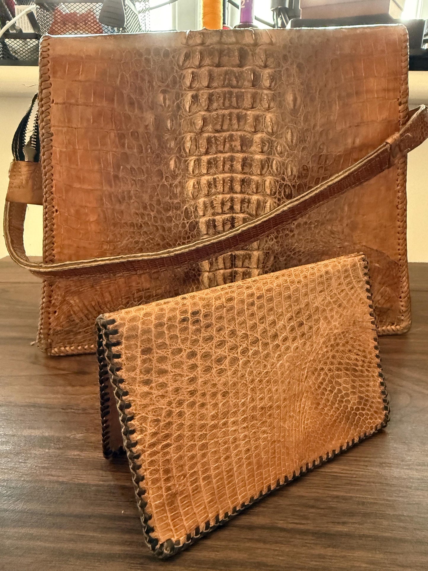 Vintage Crocodile Leather Handbag & Matching Wallet | Hand-Laced Brown Exotic Leather Shoulder Bag | 1950s 1960s