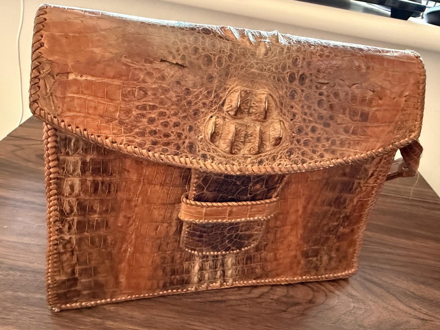 Vintage Crocodile Leather Handbag & Matching Wallet | Hand-Laced Brown Exotic Leather Shoulder Bag | 1950s 1960s