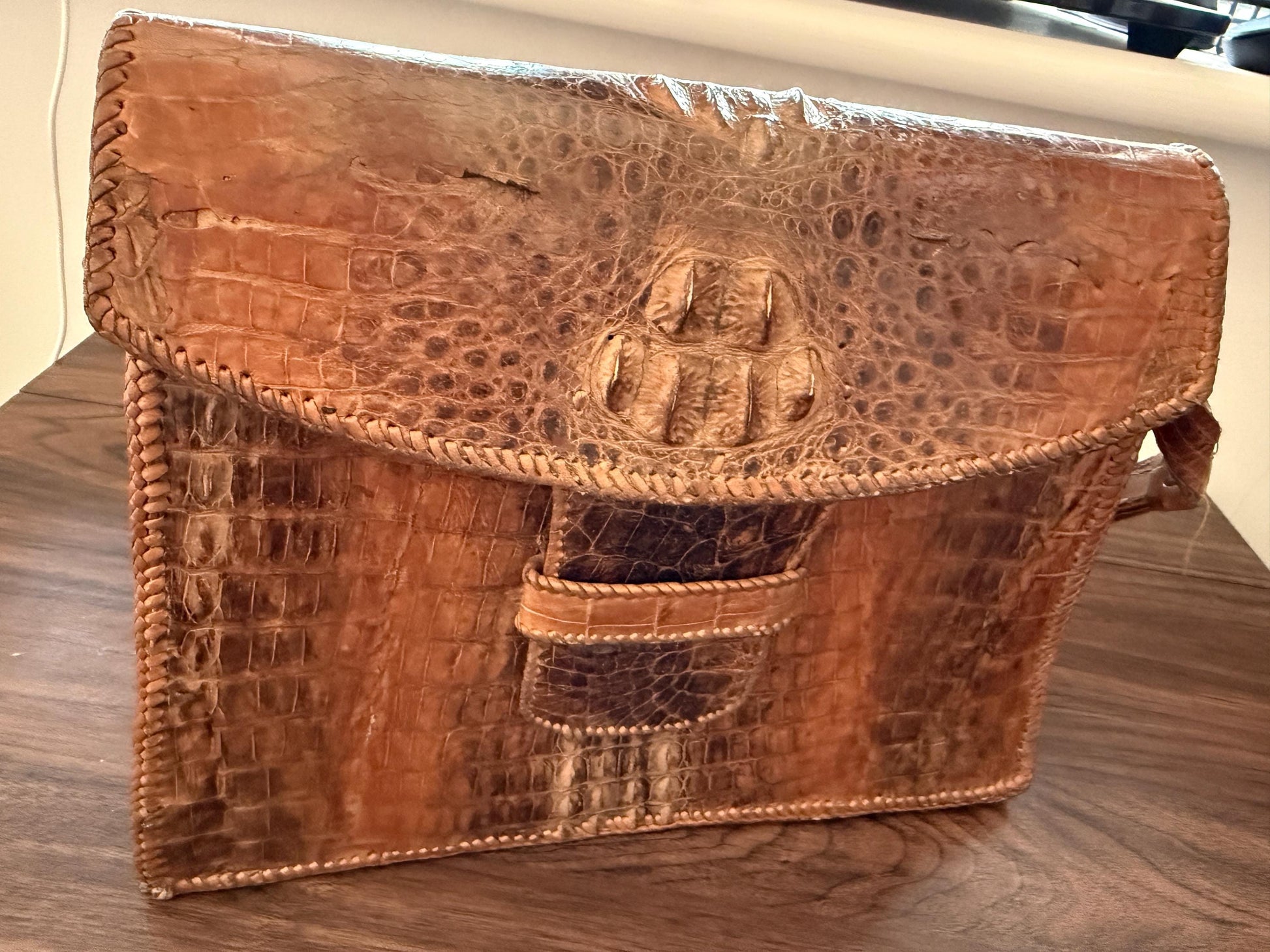 Vintage Crocodile Leather Handbag & Matching Wallet | Hand-Laced Brown Exotic Leather Shoulder Bag | 1950s 1960s