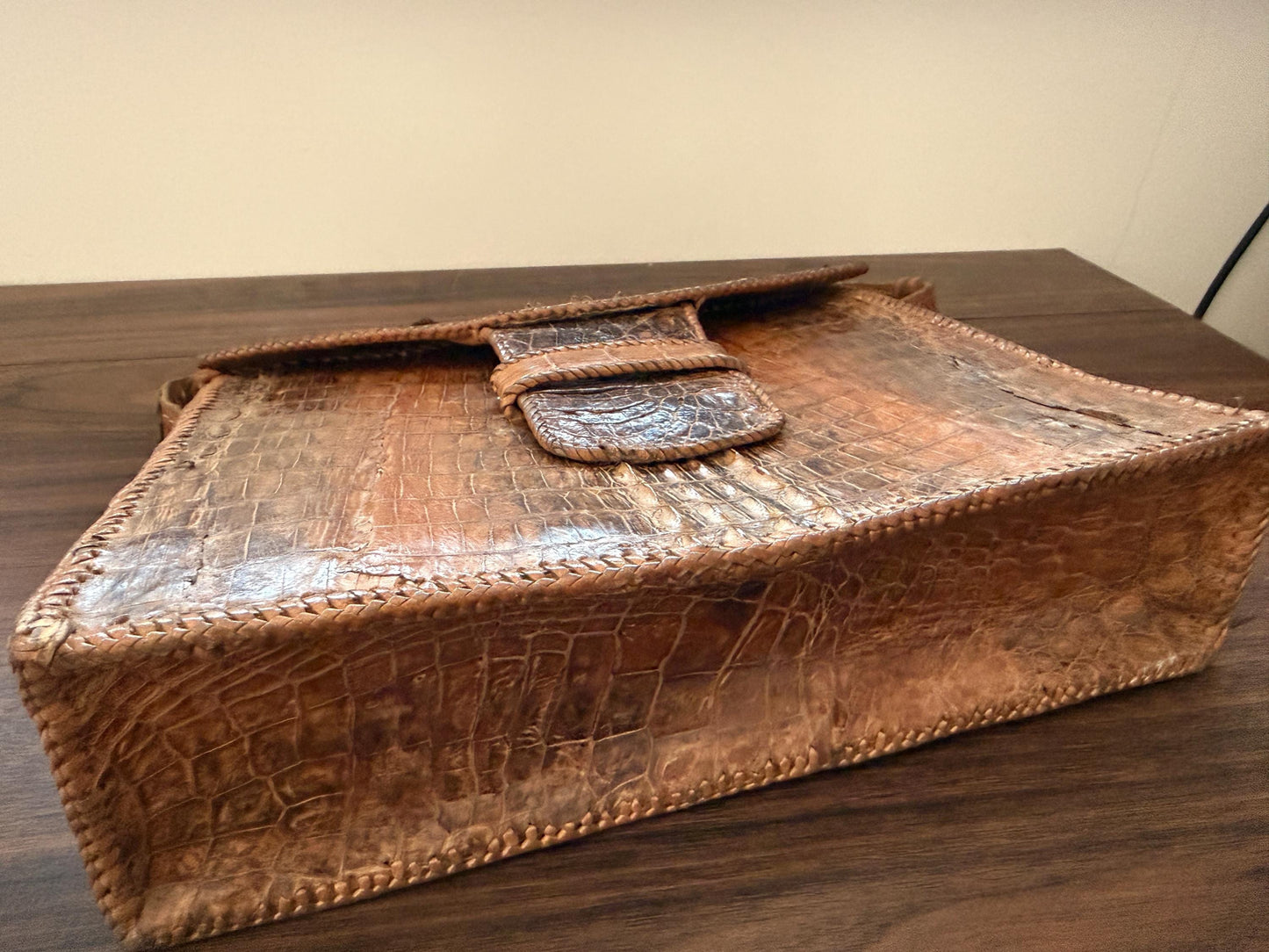 Vintage Crocodile Leather Handbag & Matching Wallet | Hand-Laced Brown Exotic Leather Shoulder Bag | 1950s 1960s