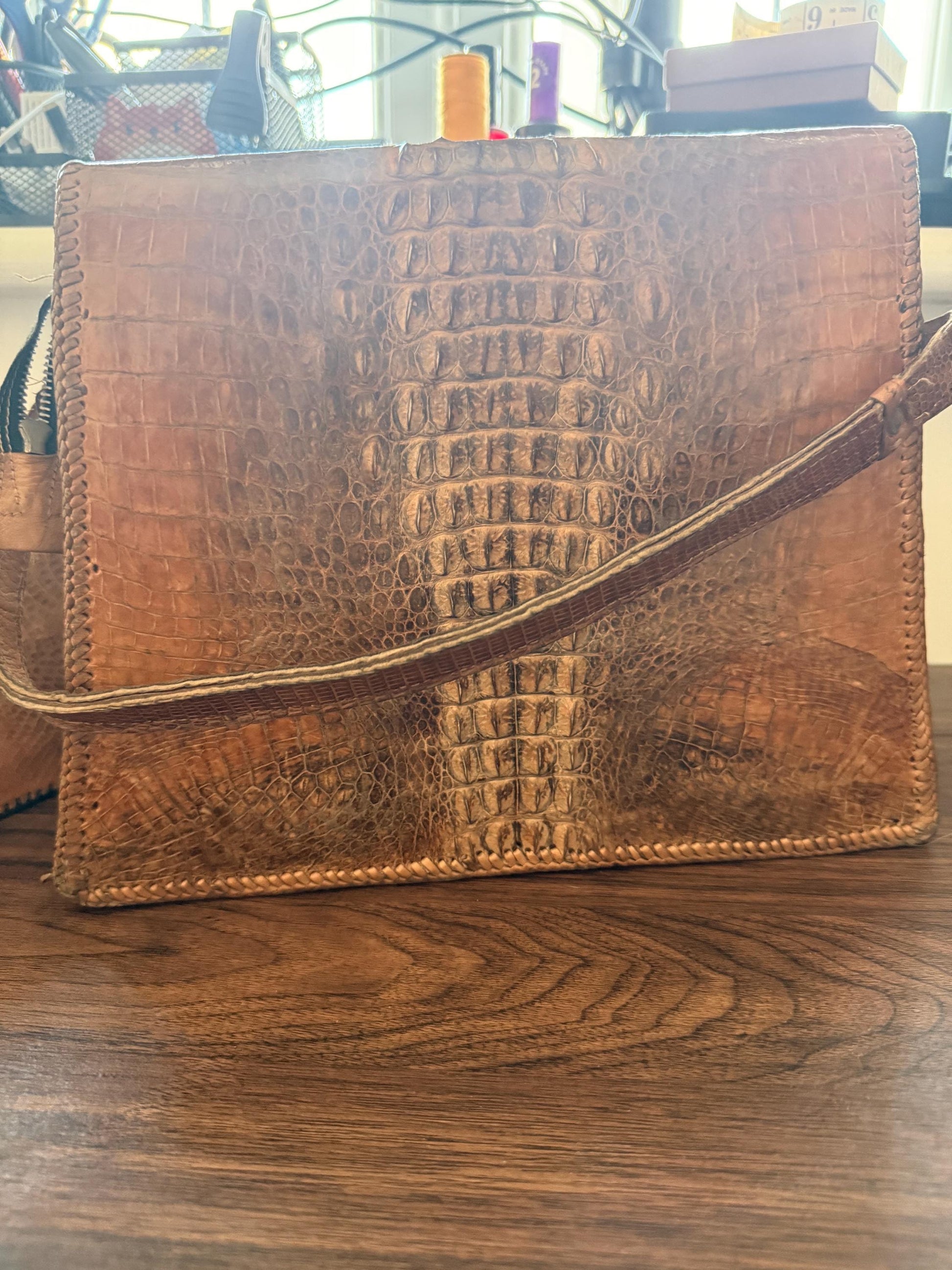Vintage Crocodile Leather Handbag & Matching Wallet | Hand-Laced Brown Exotic Leather Shoulder Bag | 1950s 1960s