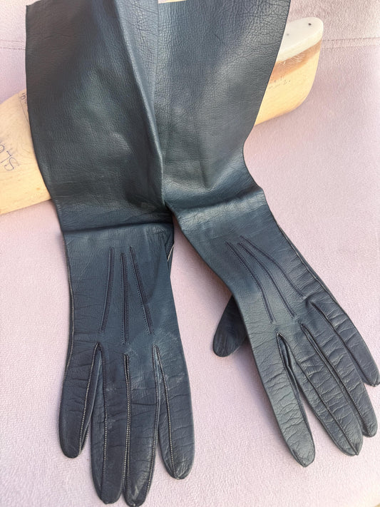 Vintage Dark Blue Leather Gauntlet Gloves with Long Flared Cuffs – Contrast Stitching