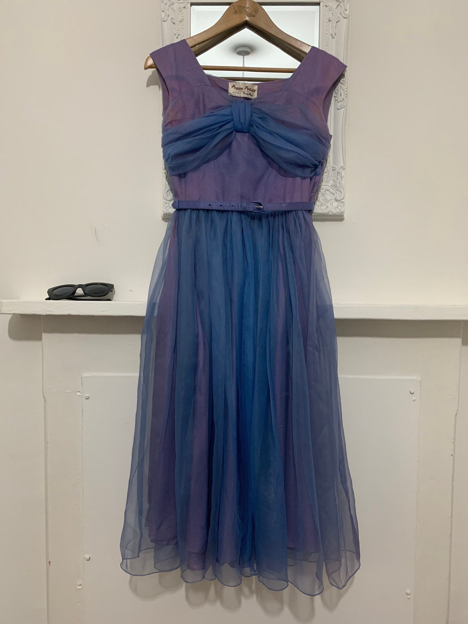 1950s Purple Blue Swing Dress Chiffon Overlayer Semi Sheer Skirt by Peggy Petite designed by Peggy Page