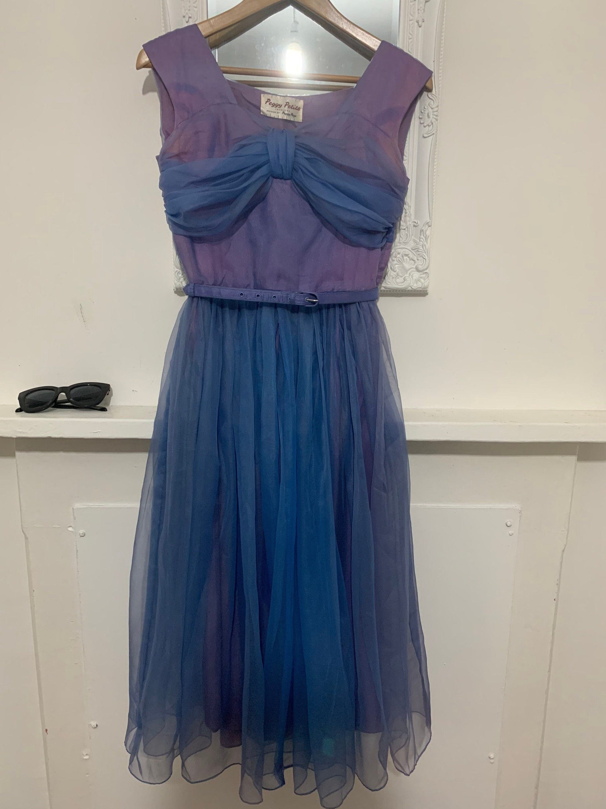 1950s Purple Blue Swing Dress Chiffon Overlayer Semi Sheer Skirt by Peggy Petite designed by Peggy Page