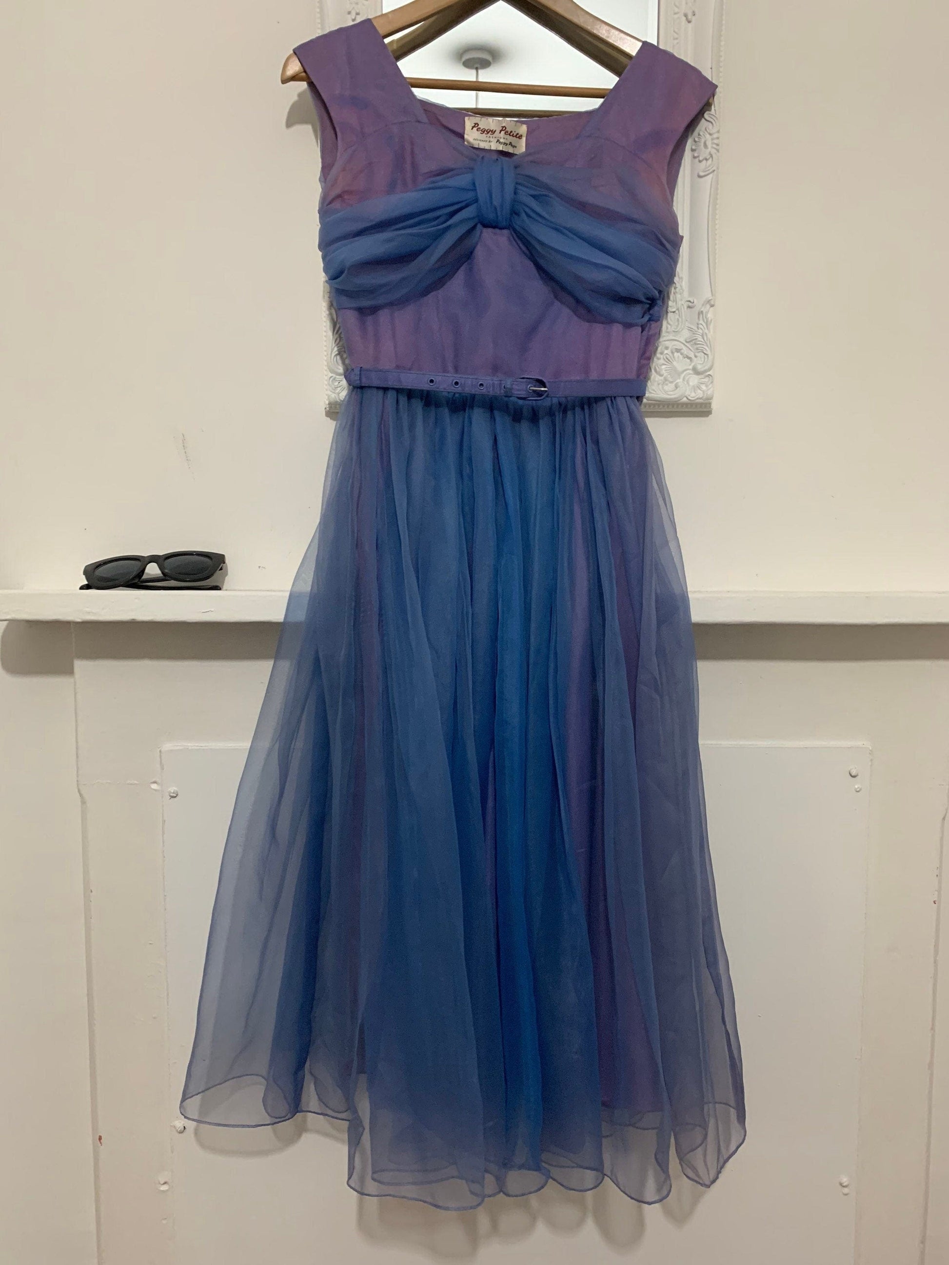 1950s Purple Blue Swing Dress Chiffon Overlayer Semi Sheer Skirt by Peggy Petite designed by Peggy Page