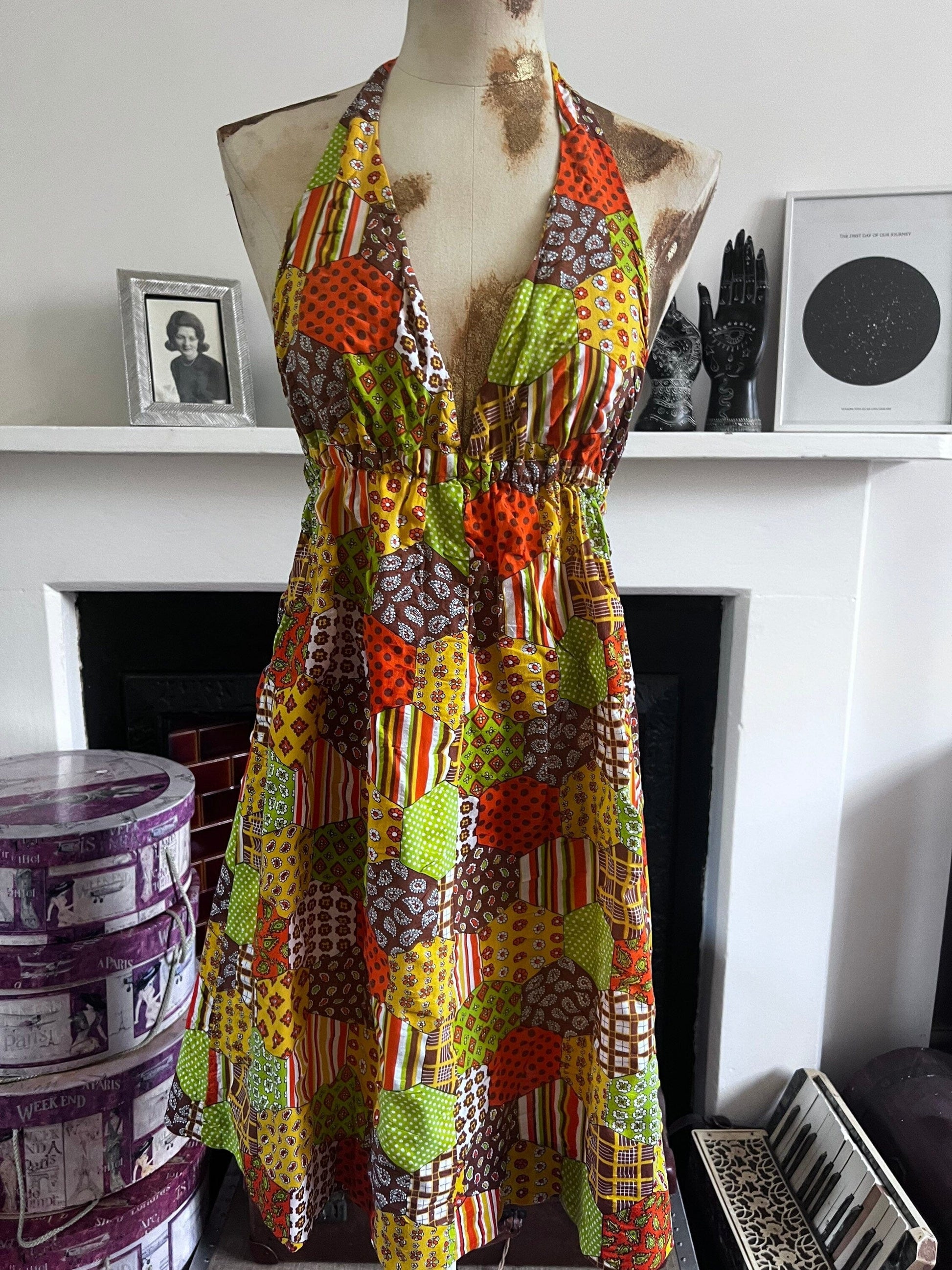 Vintage Dress 1970 Handmade halter Dress patchwork fabric Size 8-14 - Vintage - vintage dress - vintage fashion vintage handmade