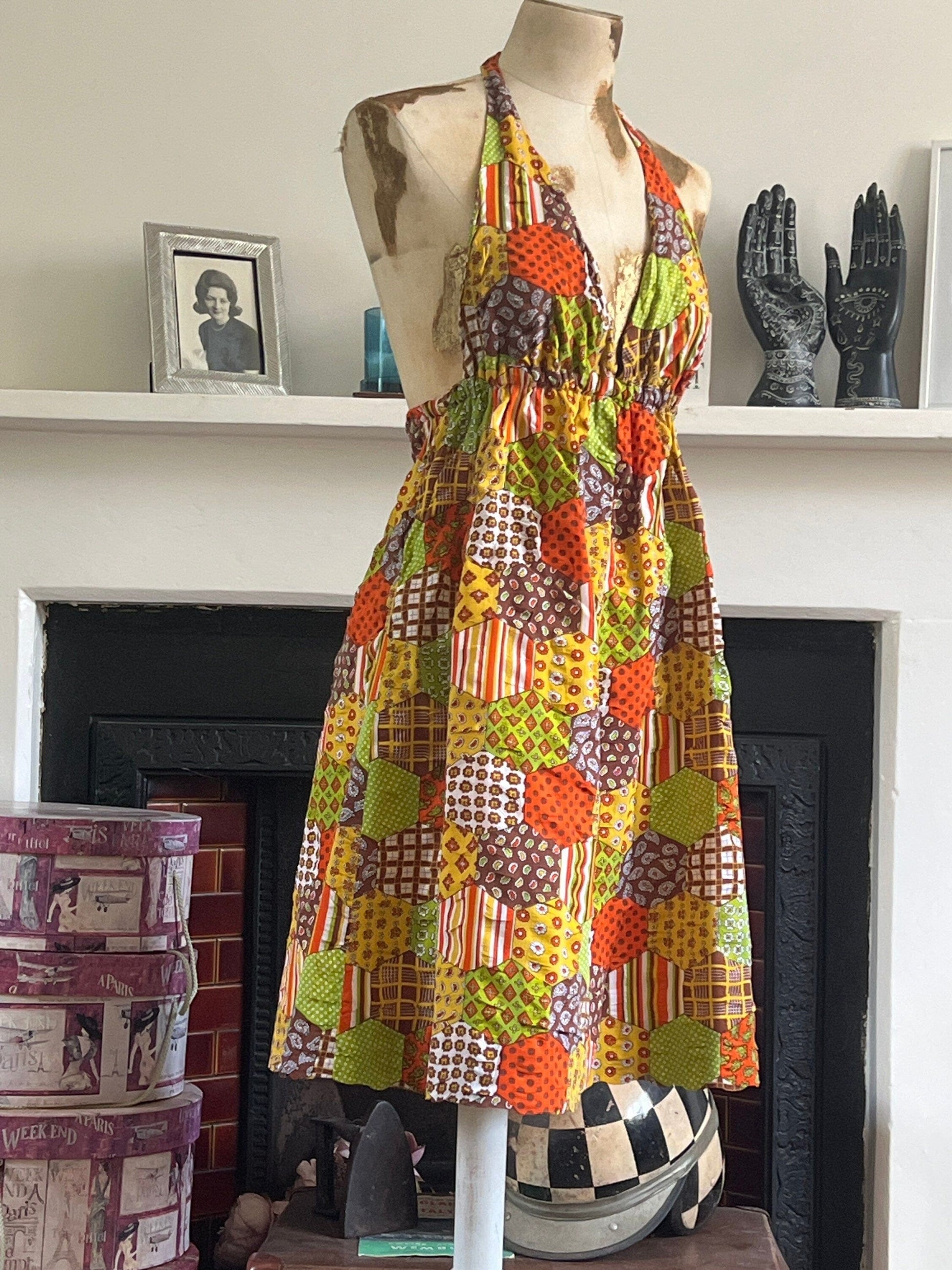 Vintage Dress 1970 Handmade halter Dress patchwork fabric Size 8-14 - Vintage - vintage dress - vintage fashion vintage handmade
