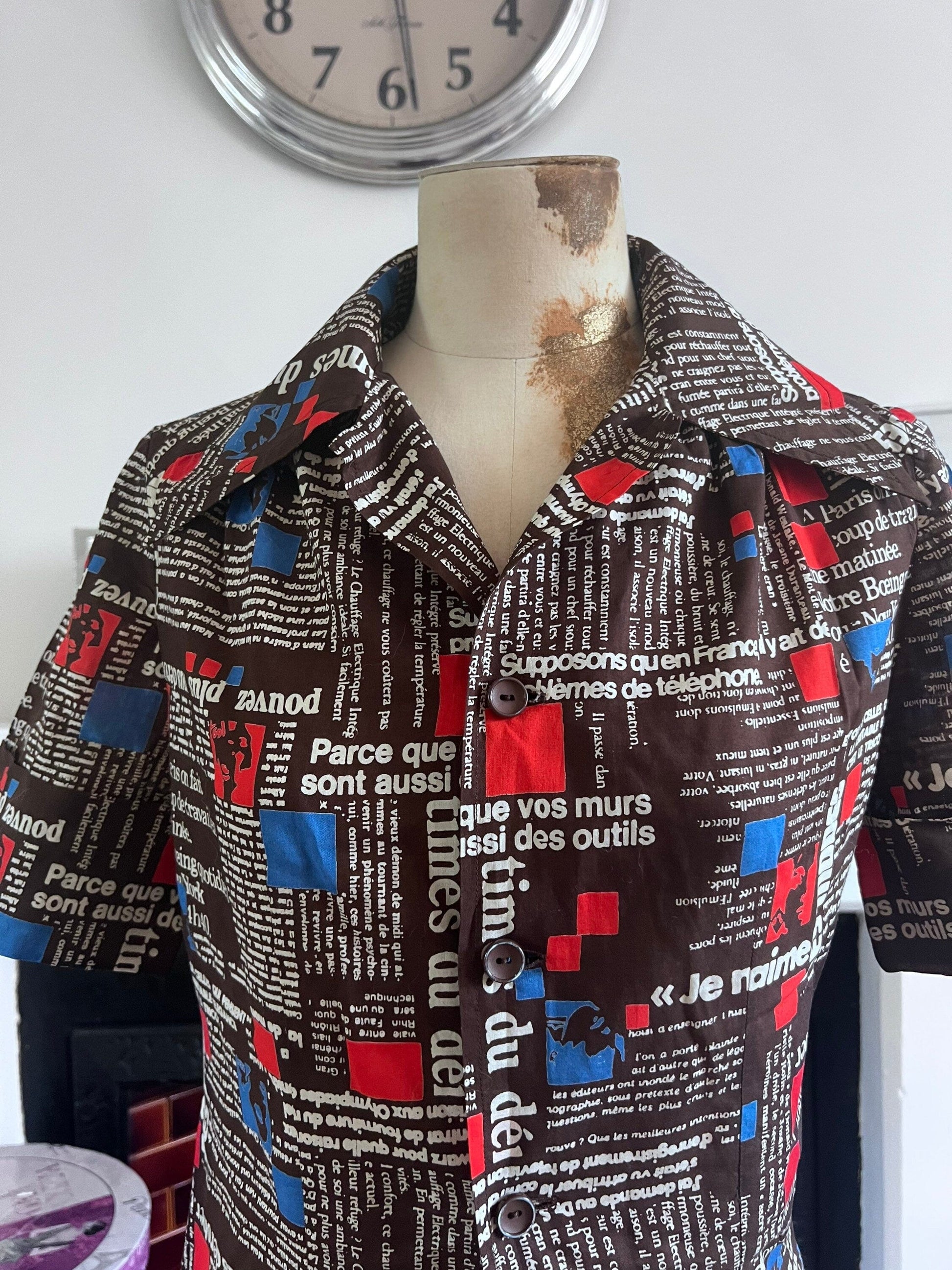 Vintage Dress 1970 Handmade button through Dress French newspaper fabric uk 8-12 Vintage - vintage dress - vintage fashion vintage handmade