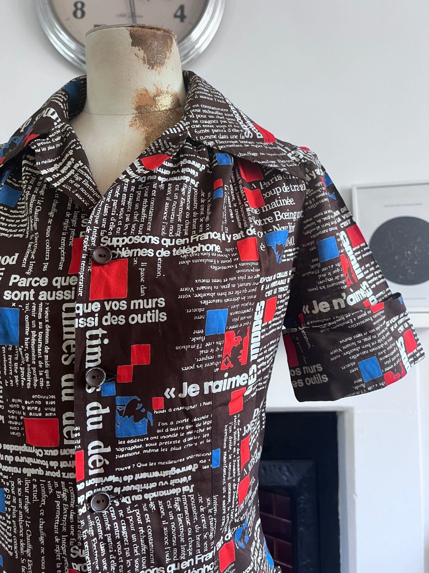 Vintage Dress 1970 Handmade button through Dress French newspaper fabric uk 8-12 Vintage - vintage dress - vintage fashion vintage handmade