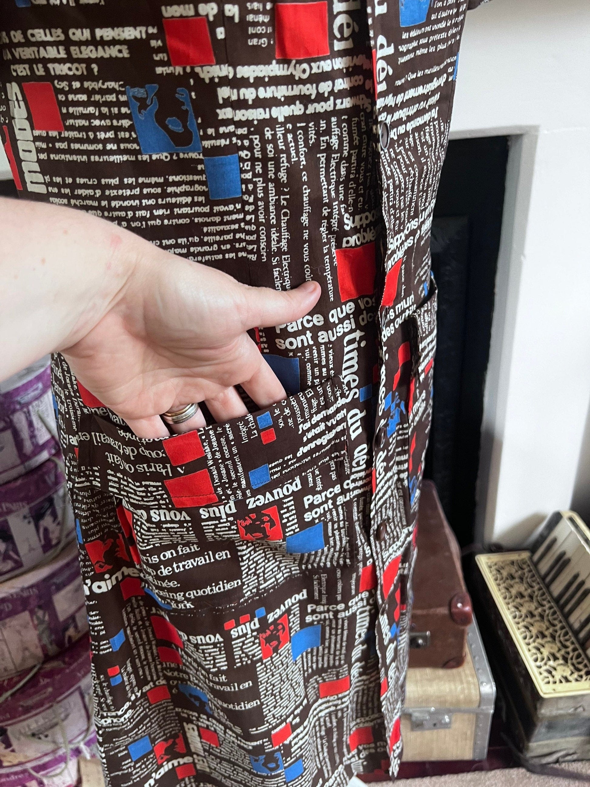 Vintage Dress 1970 Handmade button through Dress French newspaper fabric uk 8-12 Vintage - vintage dress - vintage fashion vintage handmade