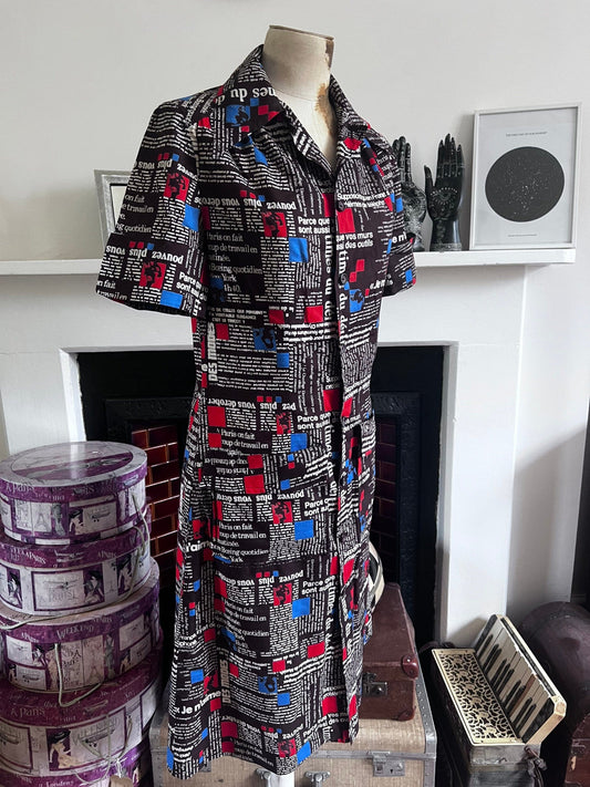 Vintage Dress 1970 Handmade button through Dress French newspaper fabric uk 8-12 Vintage - vintage dress - vintage fashion vintage handmade