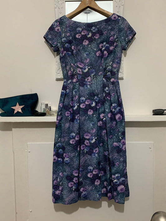Vintage Handmade Swing Dress abstract Purple Pink Flowers Size 10