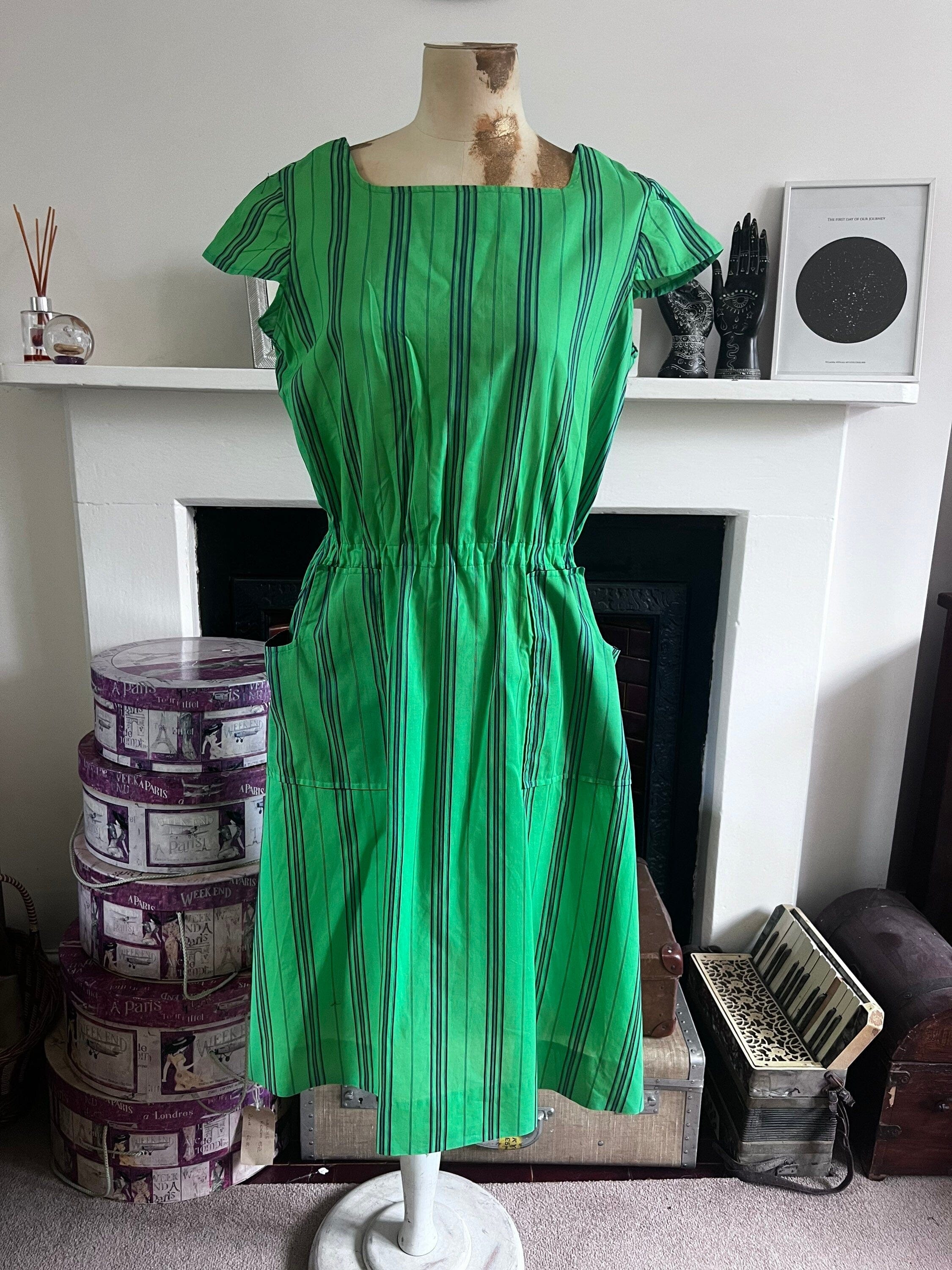Vintage Dress 50s Handmade Pull On Pull on Dress abstract Green Stripe Pretty Vintage Boutique