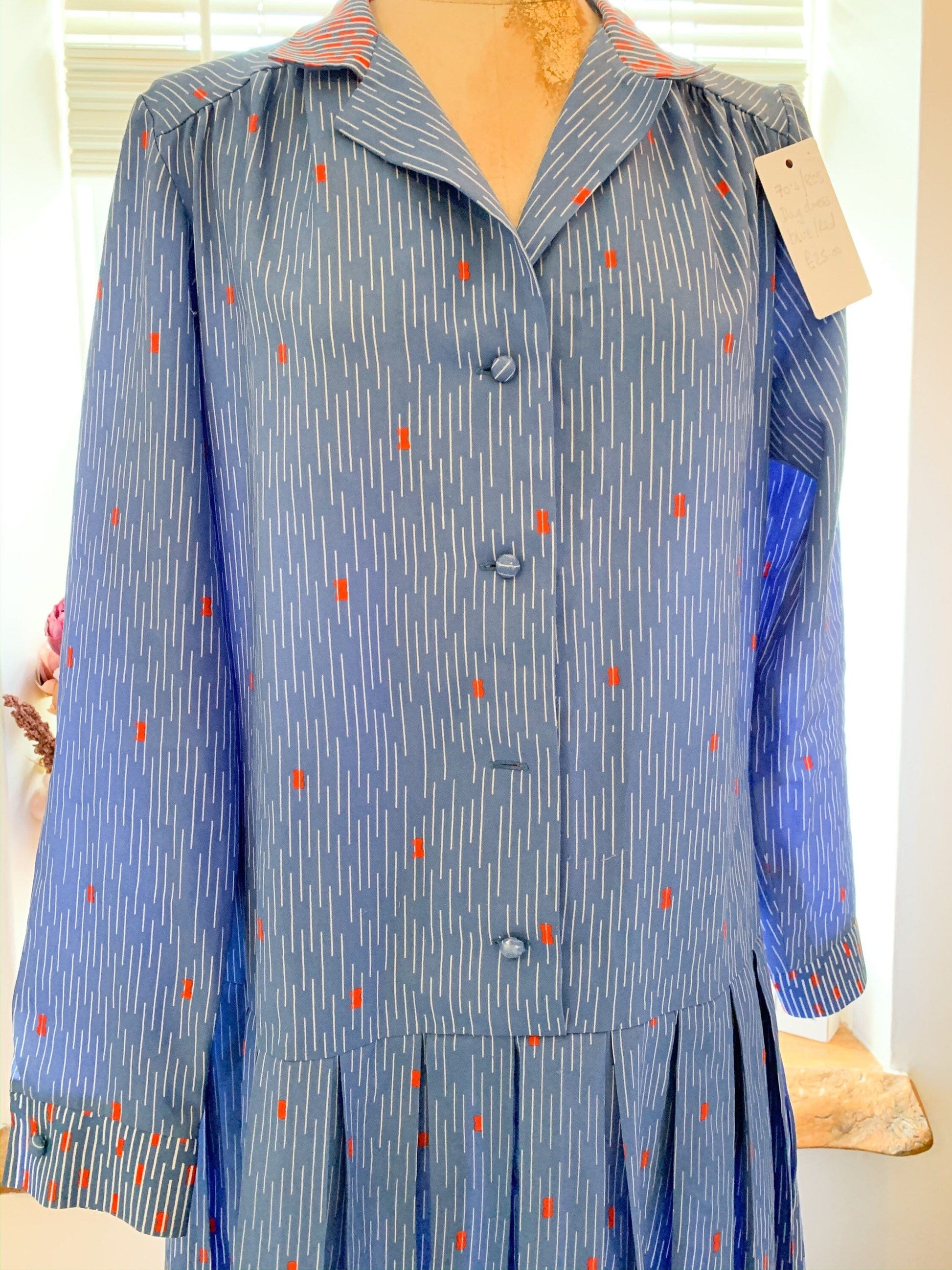 80s dress blue Vintage - Day Dress blue spot pattern pleated dress Rare Plus Size eu 42 size 16 blue and red voluptuous vintage