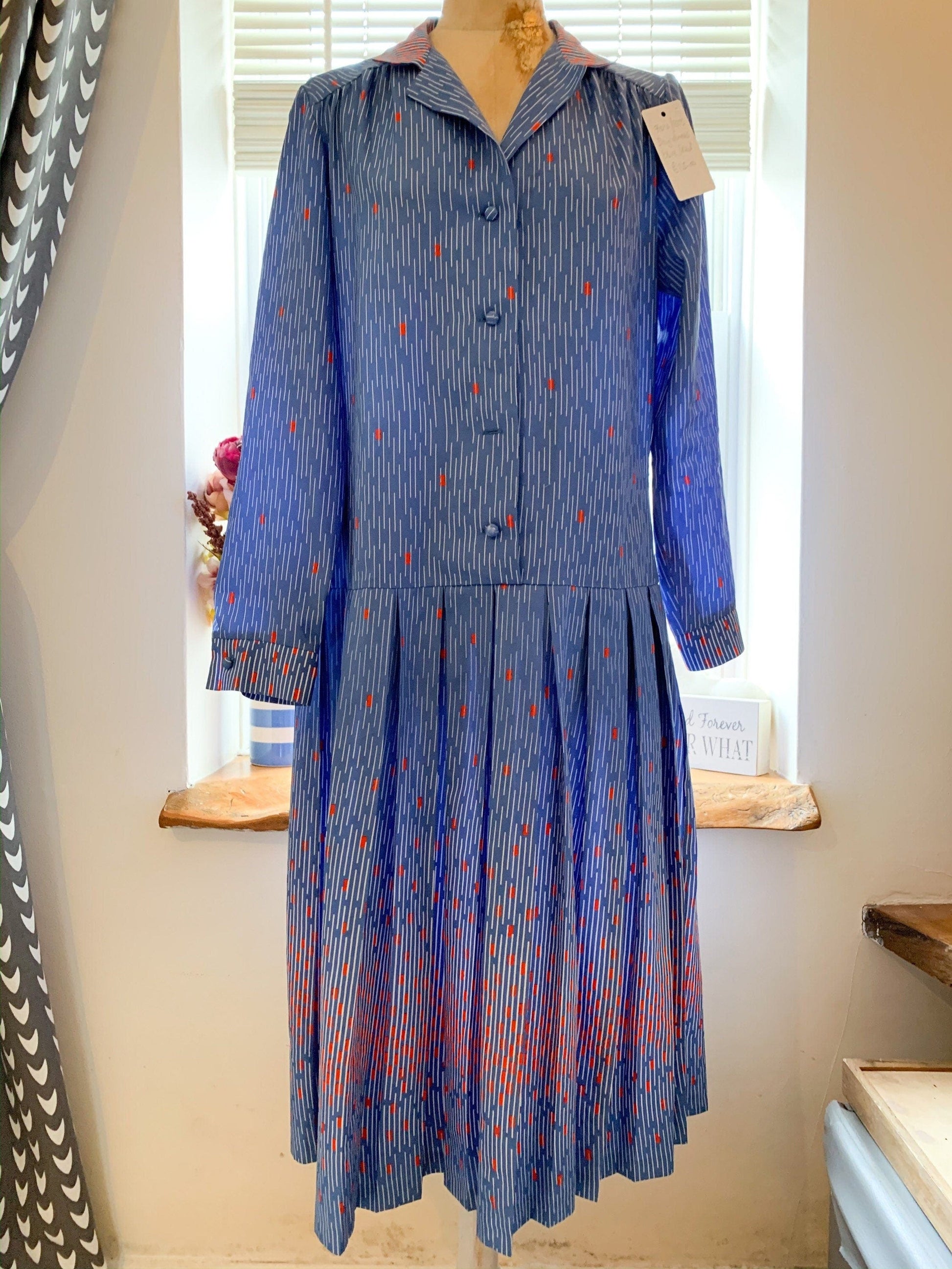 80s dress blue Vintage - Day Dress blue spot pattern pleated dress Rare Plus Size eu 42 size 16 blue and red voluptuous vintage