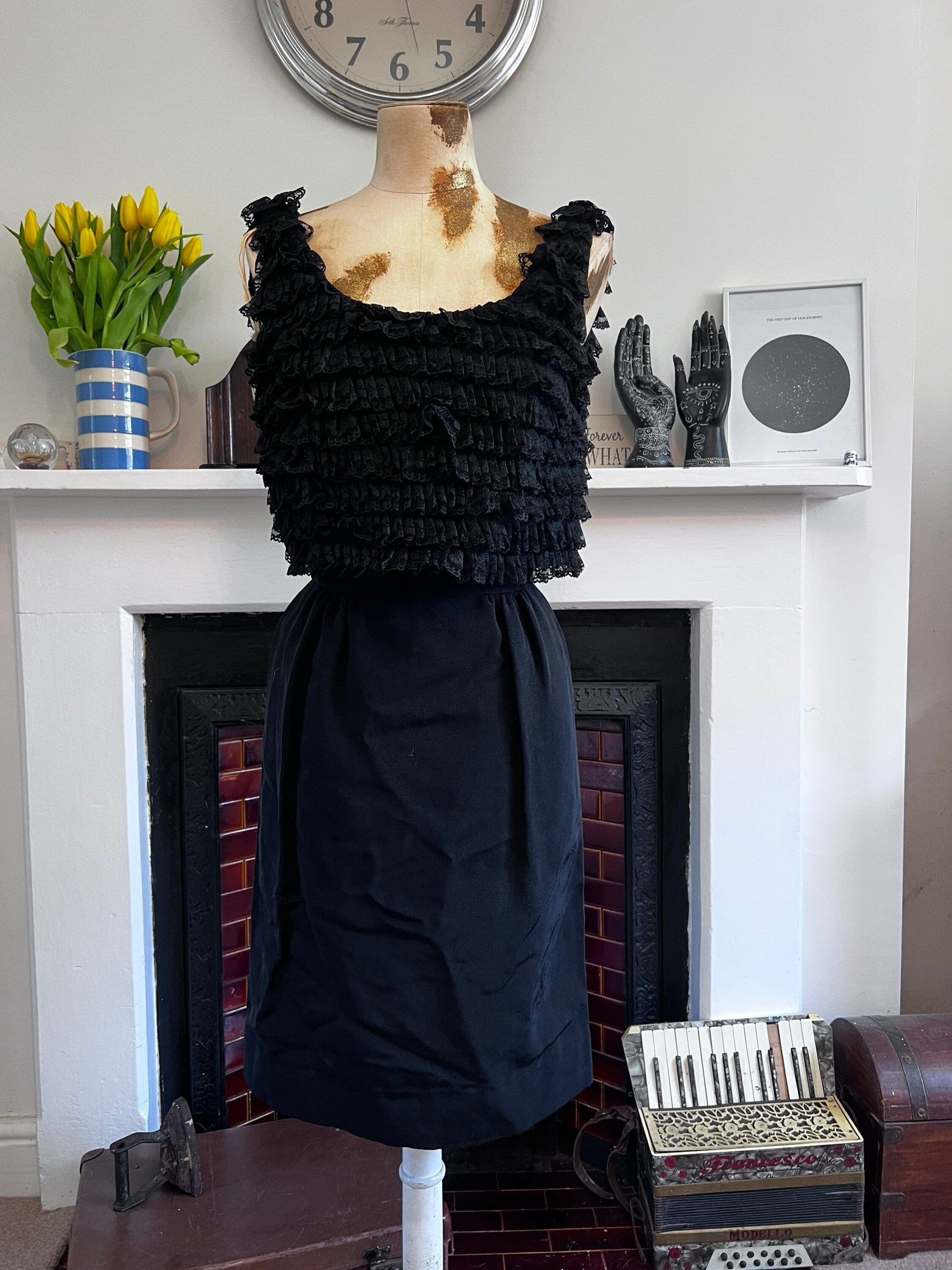 Vintage Dress Black Dress 1960s Mini - Dress Ruffled Over-layer Black Shift Dress - California 60s mini dress