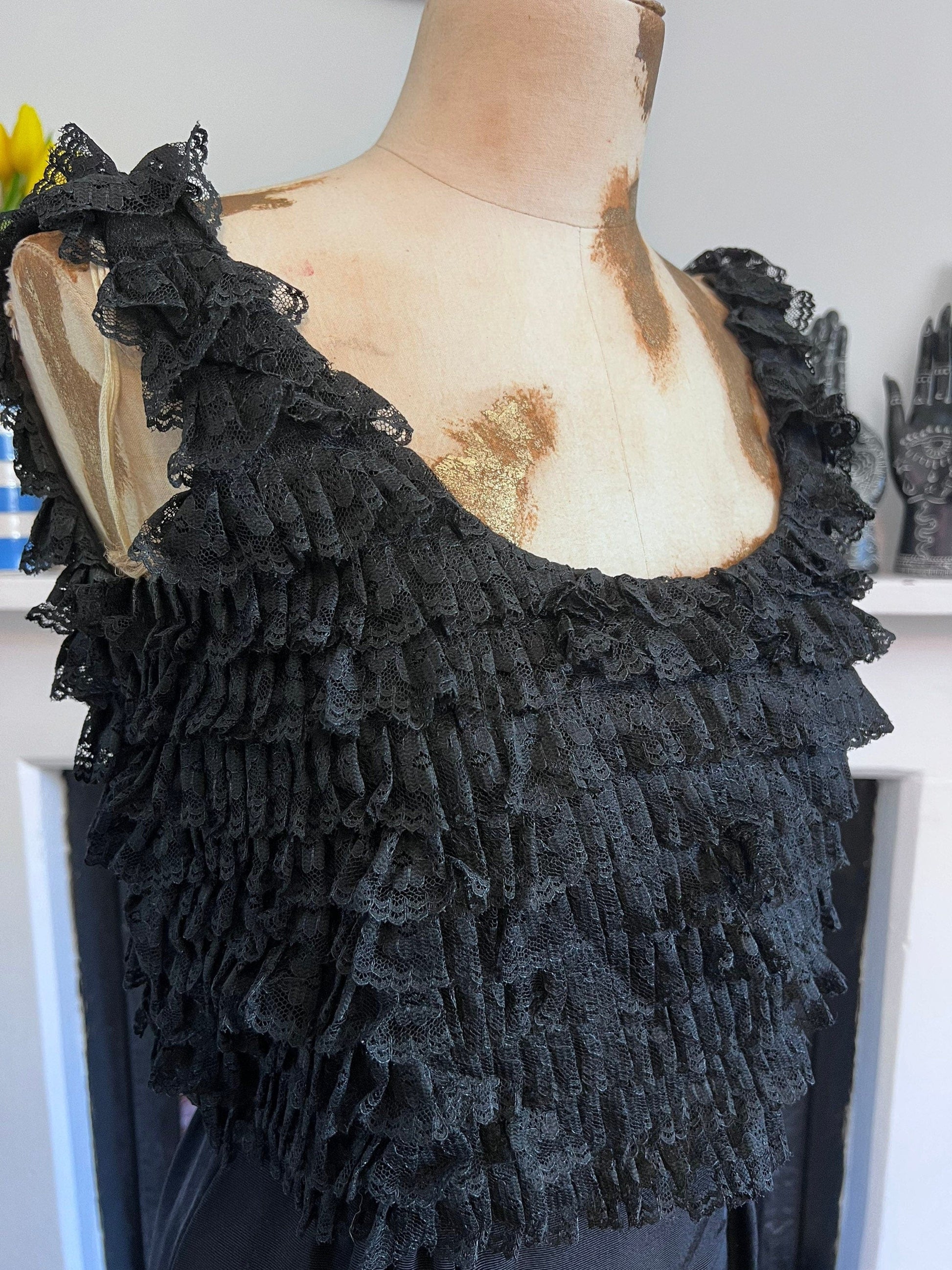 Vintage Dress Black Dress 1960s Mini - Dress Ruffled Over-layer Black Shift Dress - California 60s mini dress