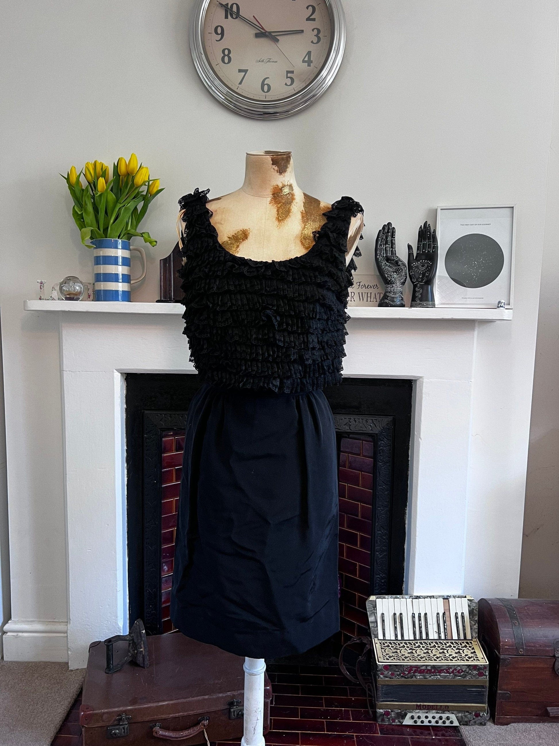 Vintage Dress Black Dress 1960s Mini - Dress Ruffled Over-layer Black Shift Dress - California 60s mini dress