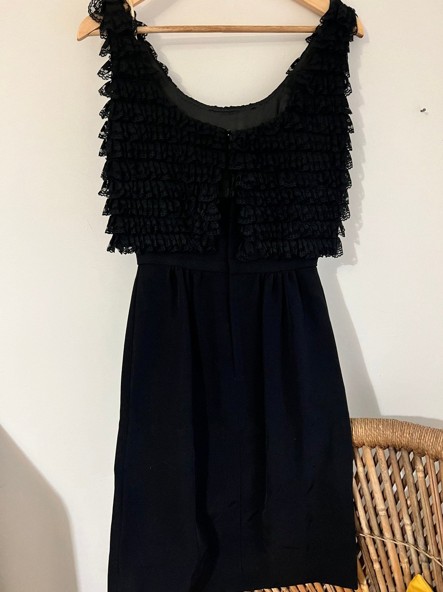 Vintage Black Mini Dress - Ruffled Overlayer Black Shift Dress - 1960s California
