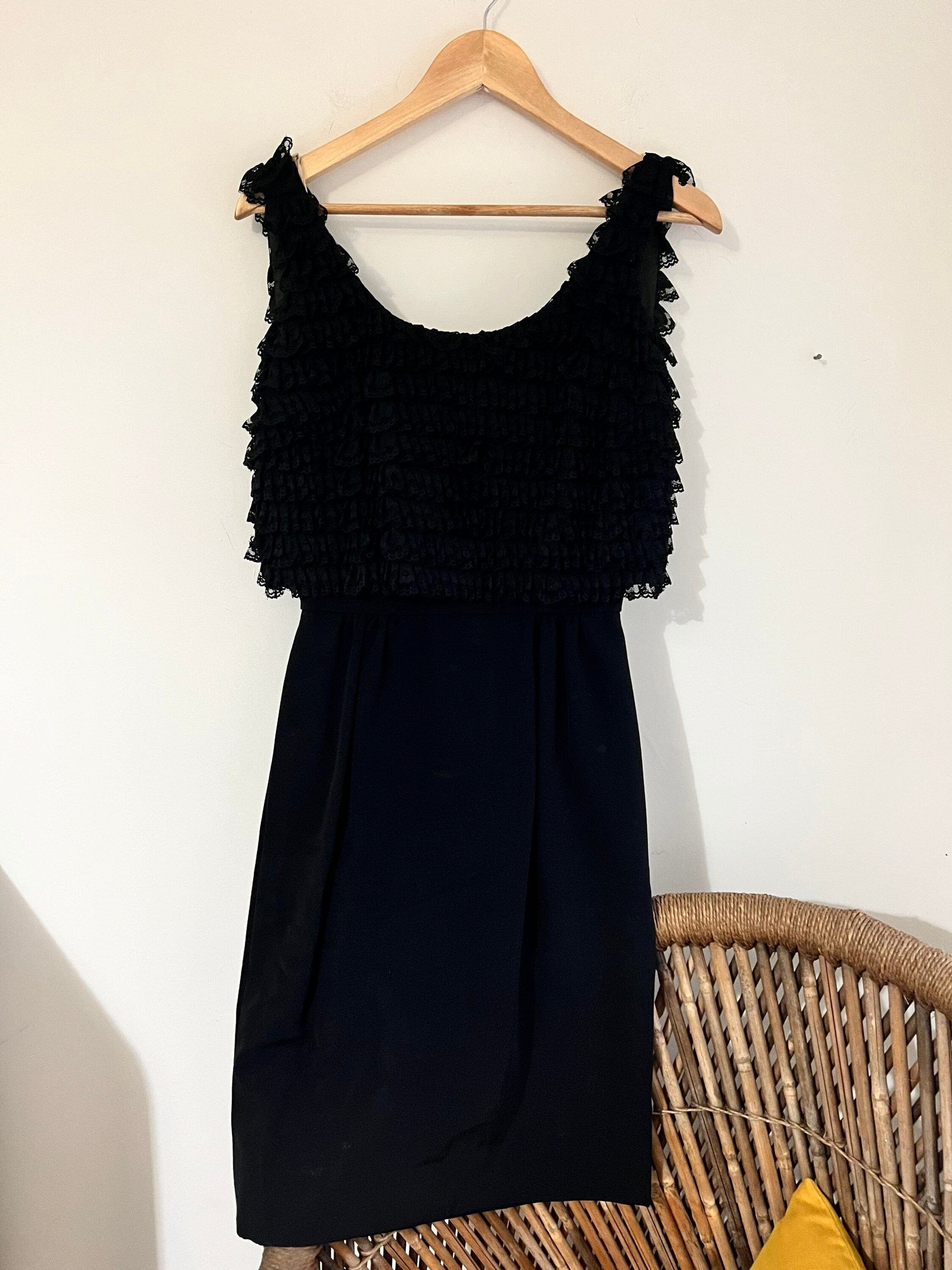 Vintage Black Mini Dress - Ruffled Overlayer Black Shift Dress - 1960s California