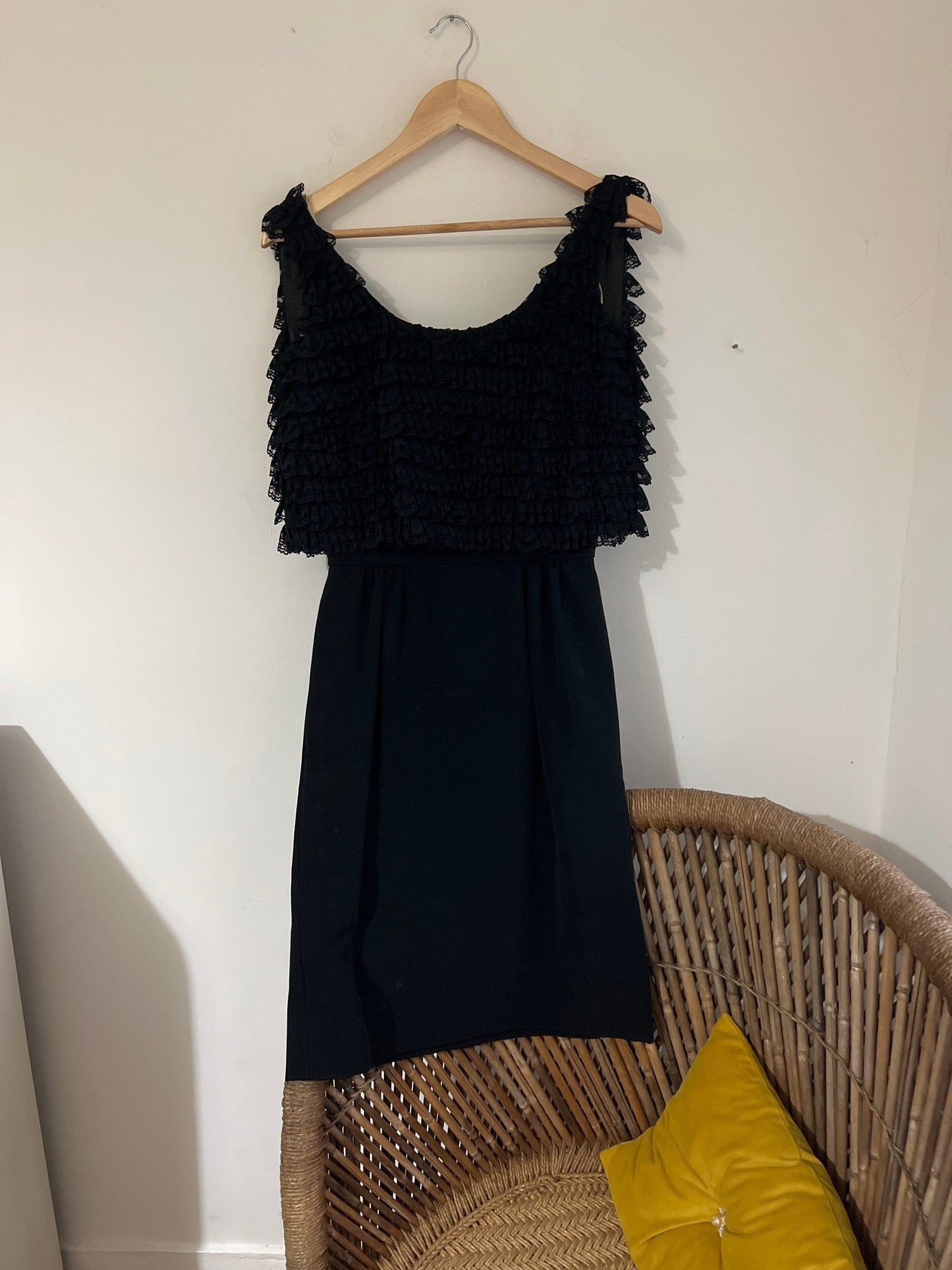 Vintage Dress Black Dress 1960s Mini - Dress Ruffled Over-layer Black Shift Dress - California 60s mini dress