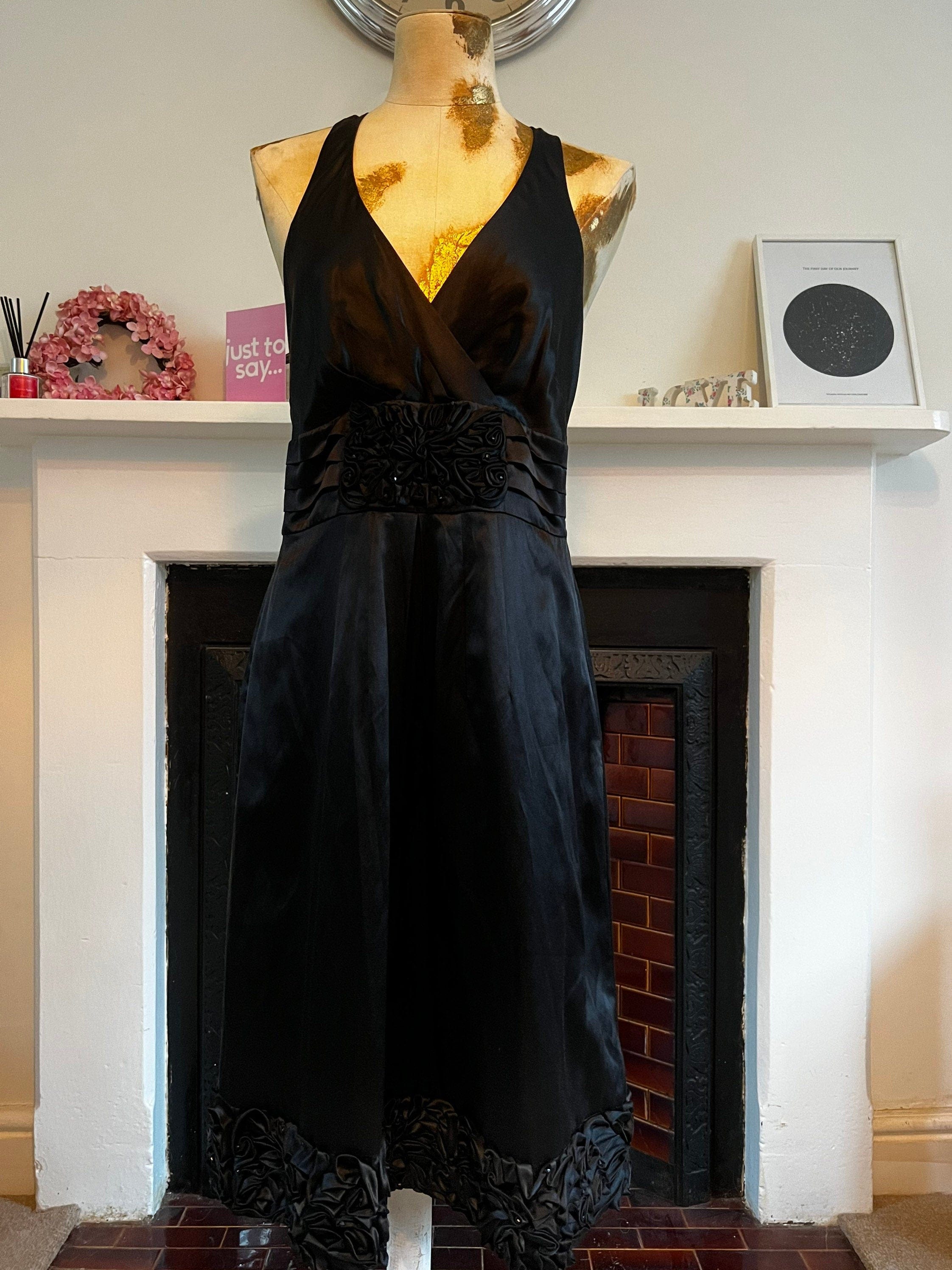 Vintage dress Black satin Cross back swing Dress 1990s cocktail