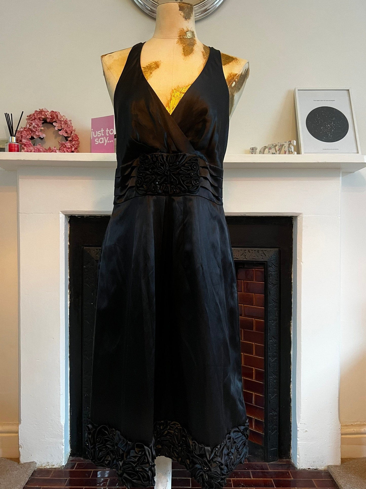 Vintage dress Black satin Cross back swing Dress 1990s cocktail Dress - UK12