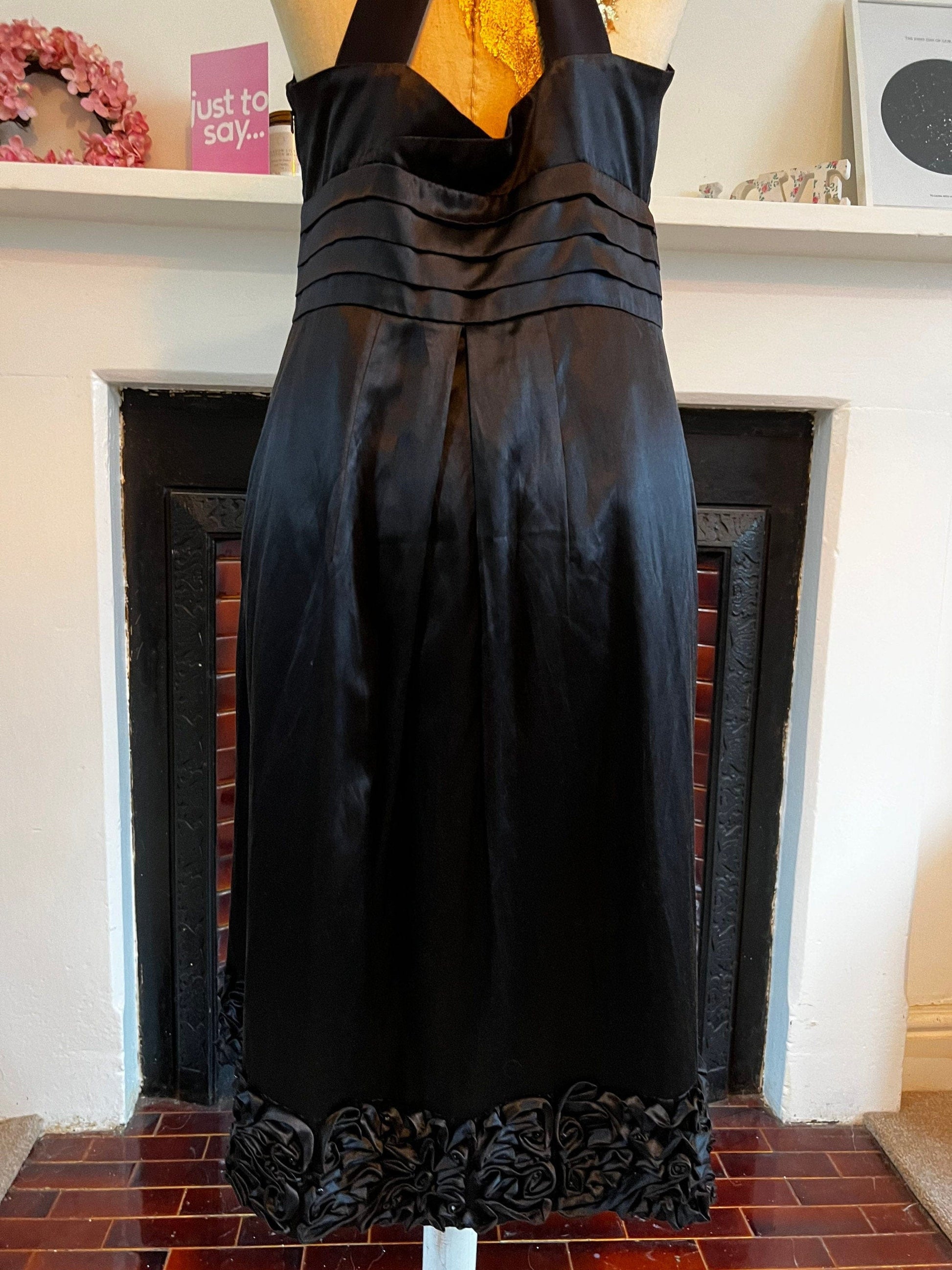 Vintage dress Black satin Cross back swing Dress 1990s cocktail Dress - UK12