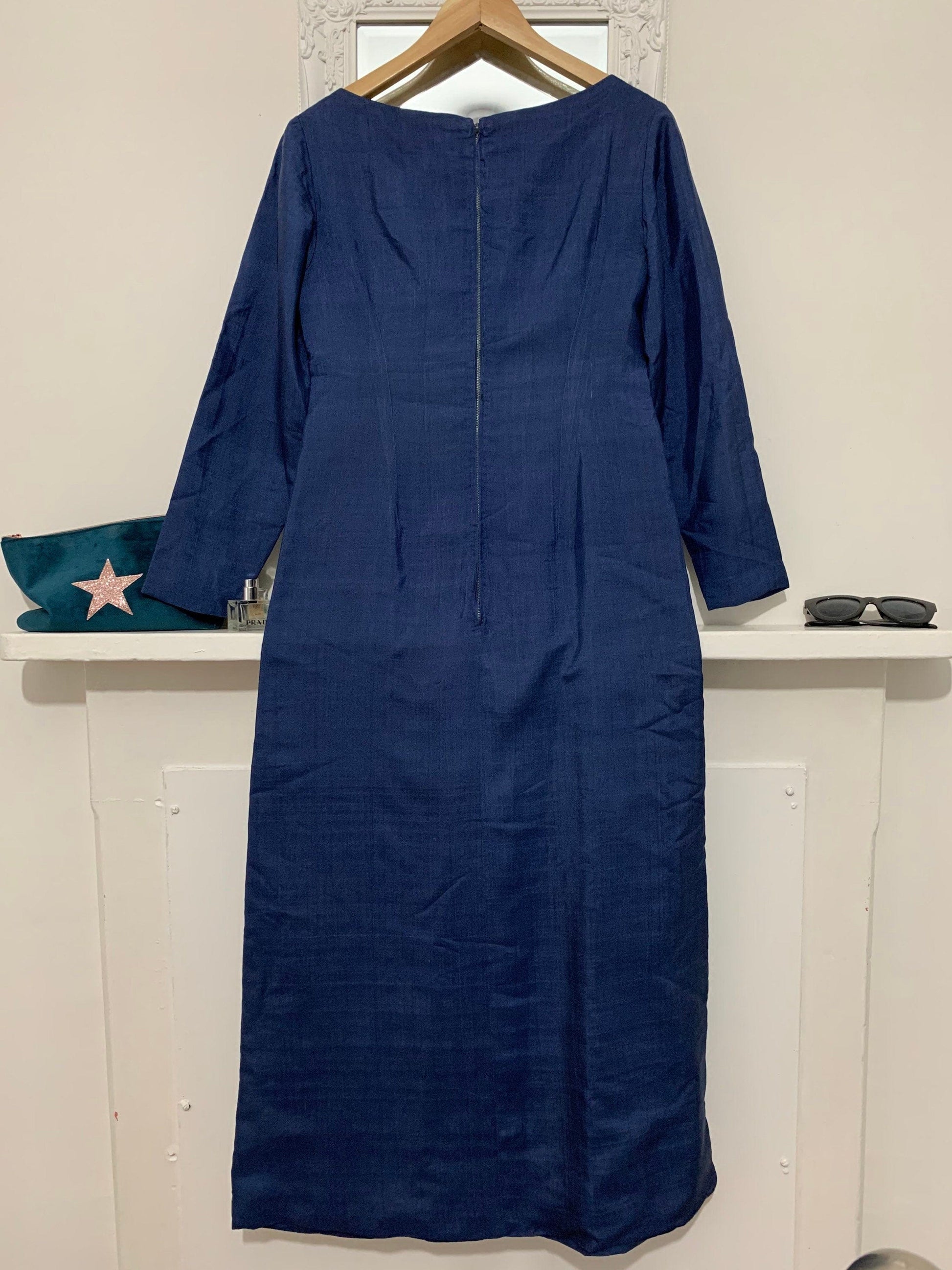 1960s Column Dress Blue Silk - Mary Fair of Baker Street, London