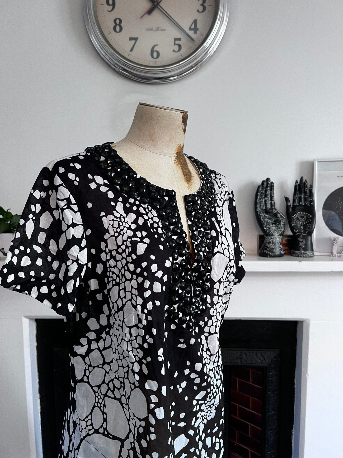 Vintage Jaeger Black White Beaded Tunic Dress With Pockets- Unworn Dead-stock Vintage Tunic Dress UK12