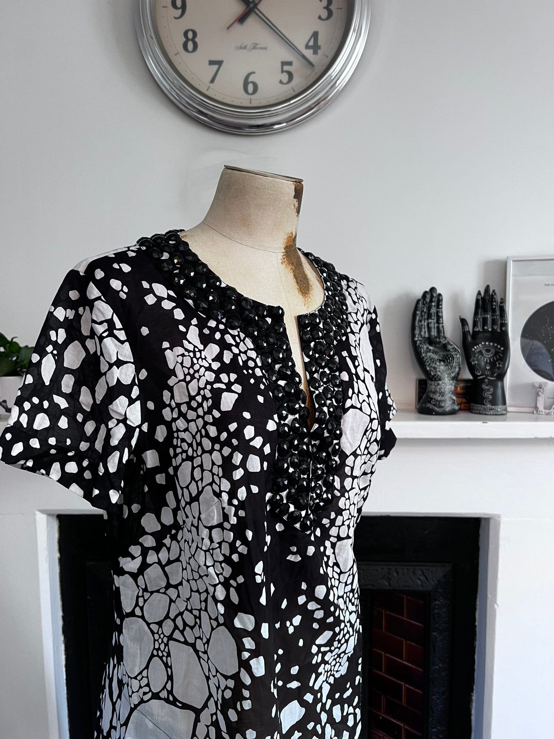 Vintage Jaeger Black White Beaded Tunic Dress With Pockets- Unworn Dead-stock Vintage Tunic Dress UK12