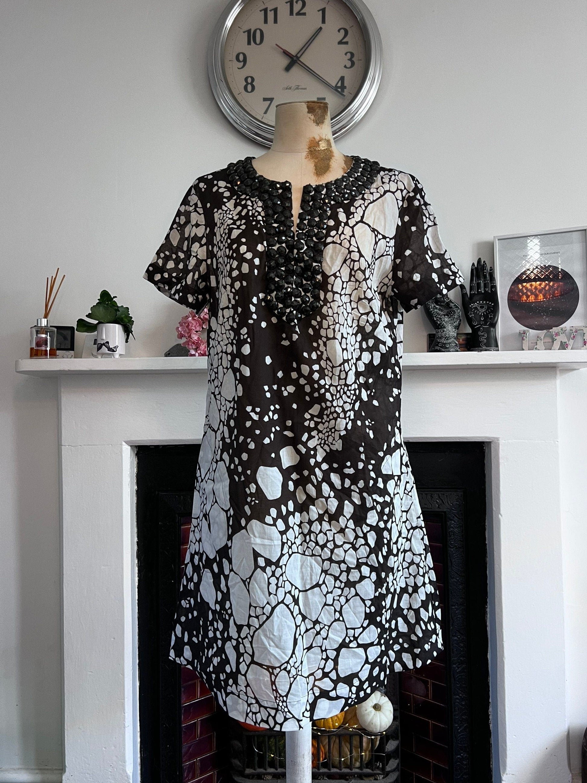 Vintage Jaeger Black White Beaded Tunic Dress With Pockets- Unworn Dead-stock Vintage Tunic Dress UK12