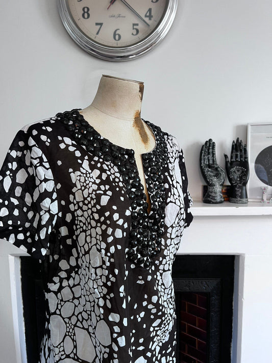 Vintage Jaeger Black White Beaded Tunic Dress With Pockets- Unworn Dead-stock Vintage Tunic Dress UK12