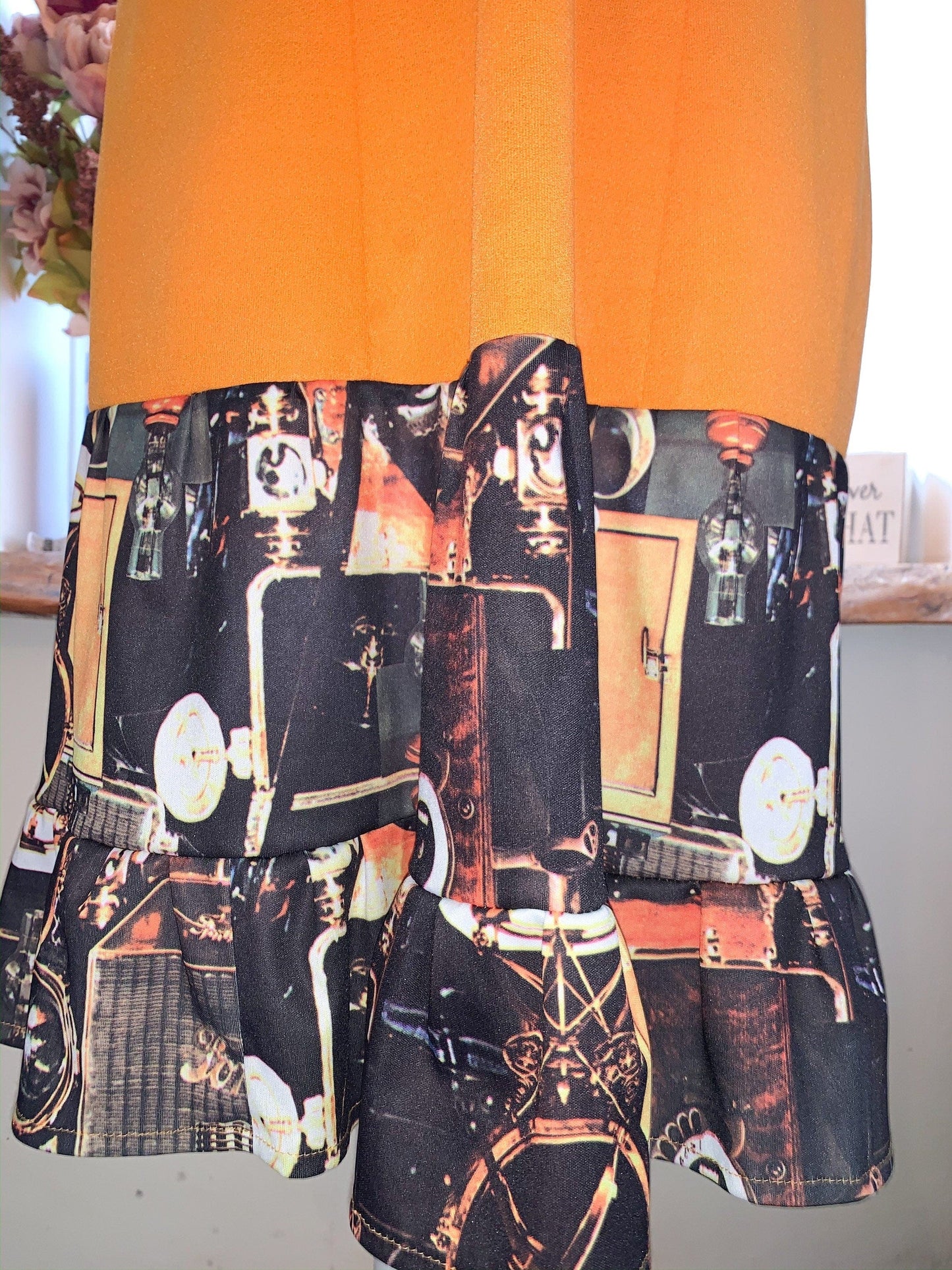 Vintage Orange shift dress with quirky lighting hem beautiful classic style shift dress - orange and brown sleeveless