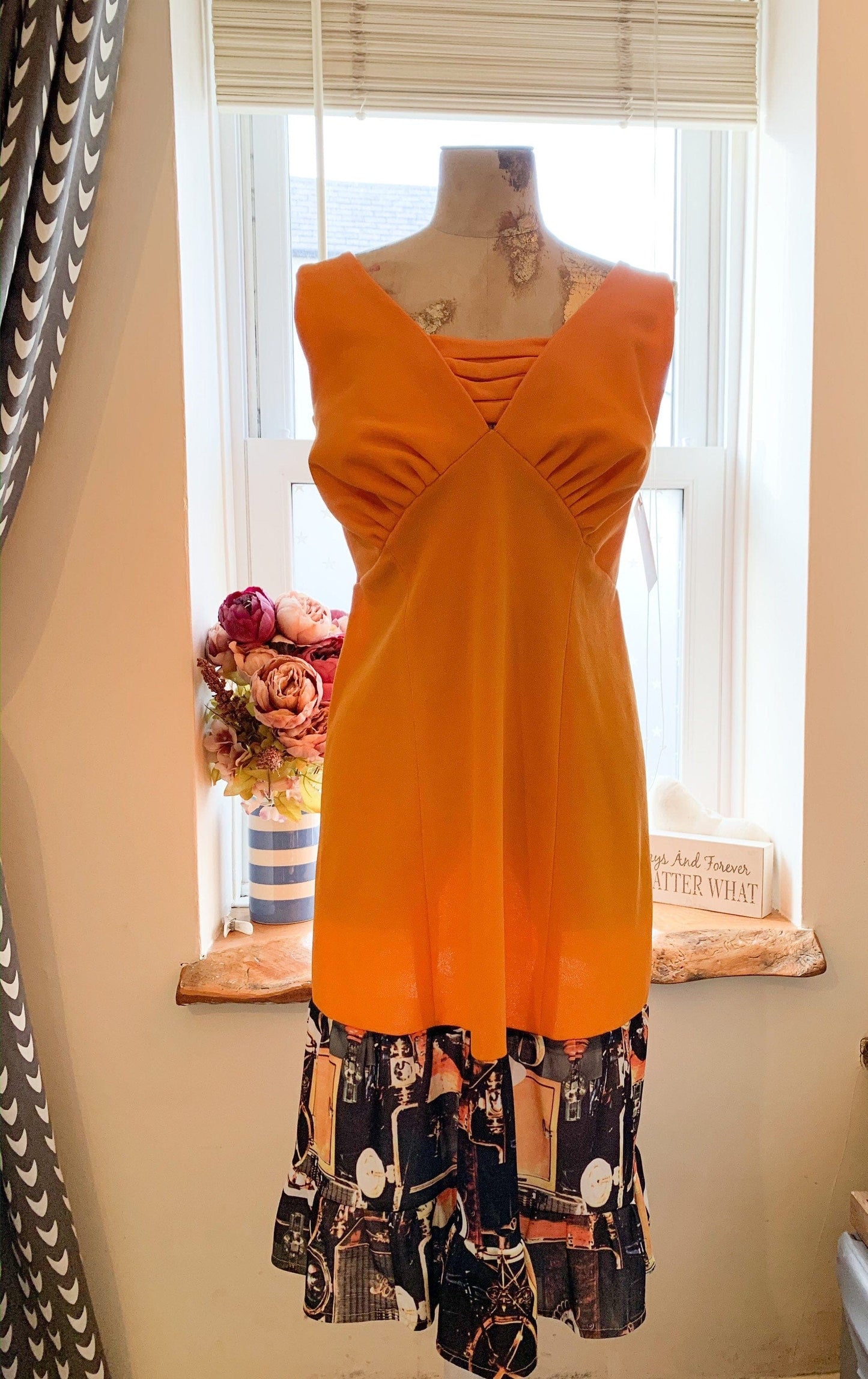 Vintage Orange shift dress with quirky lighting hem beautiful classic style shift dress - orange and brown sleeveless