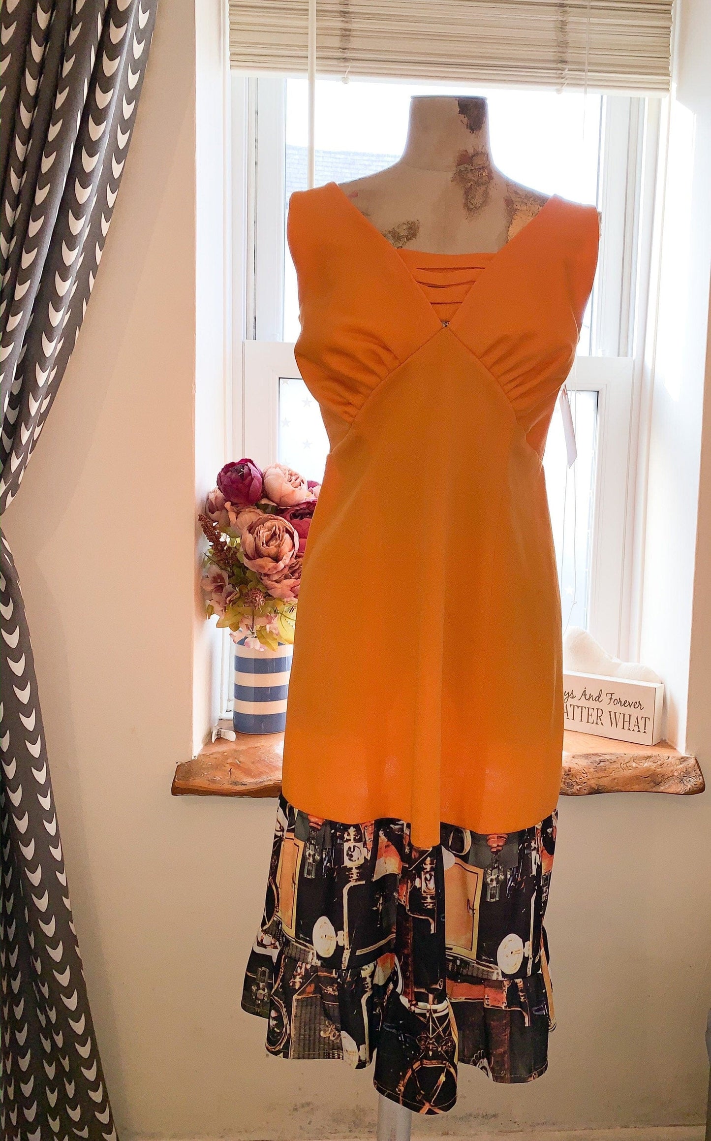 Vintage Orange shift dress with quirky lighting hem beautiful classic style shift dress - orange and brown sleeveless