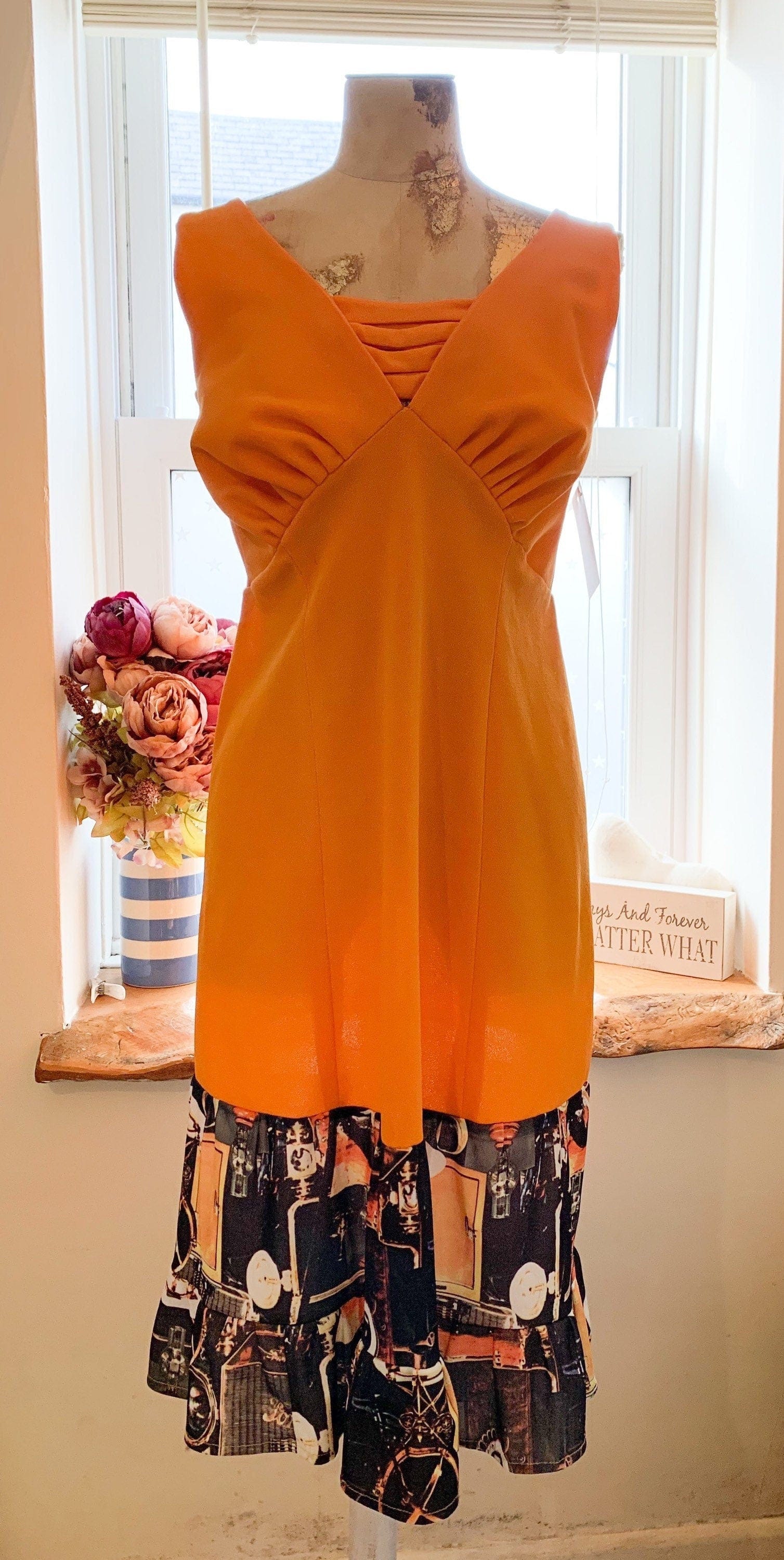 Vintage Orange shift dress with quirky lighting hem beautiful classic style shift dress - orange and brown sleeveless