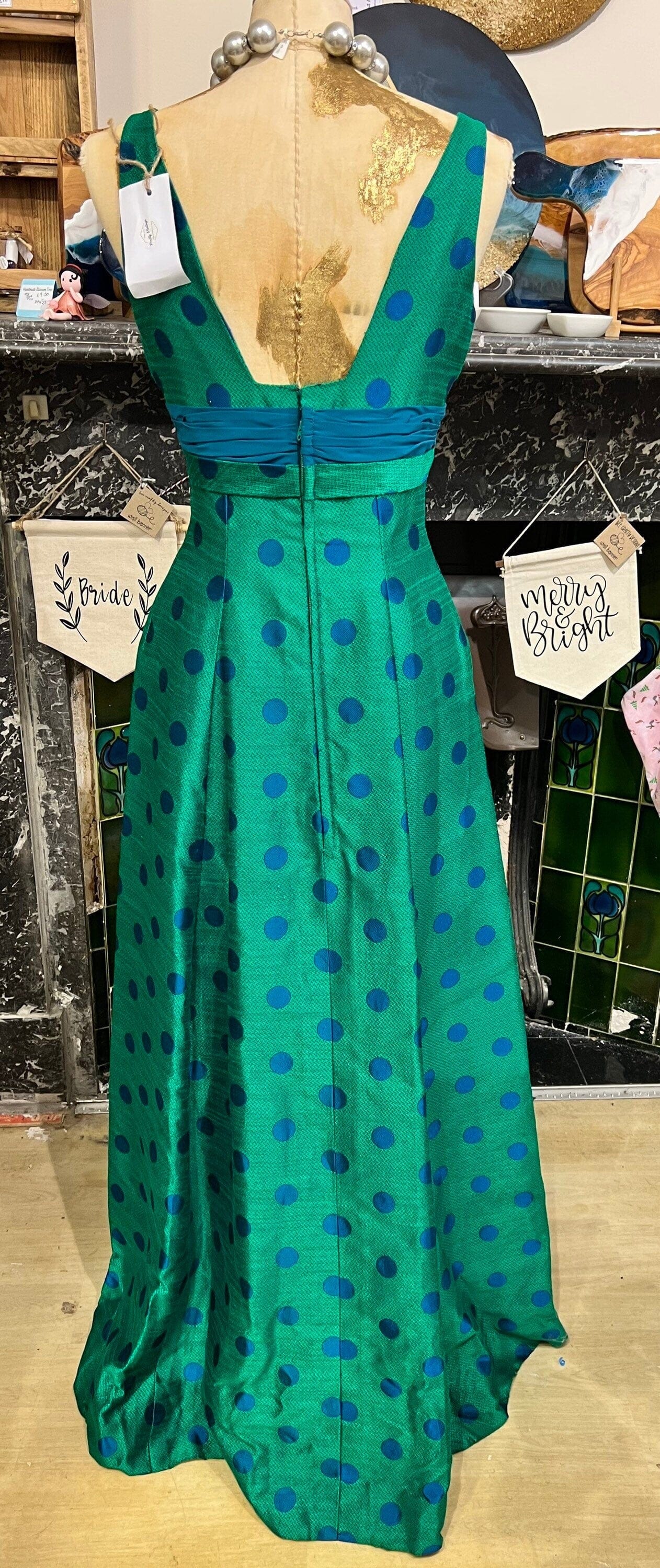 Vintage Dress Silk Maxi - Immaculate Condition - Jean Allen 1960s - Silk Embroidered - Polka Dots - Green Blue 60s green dress