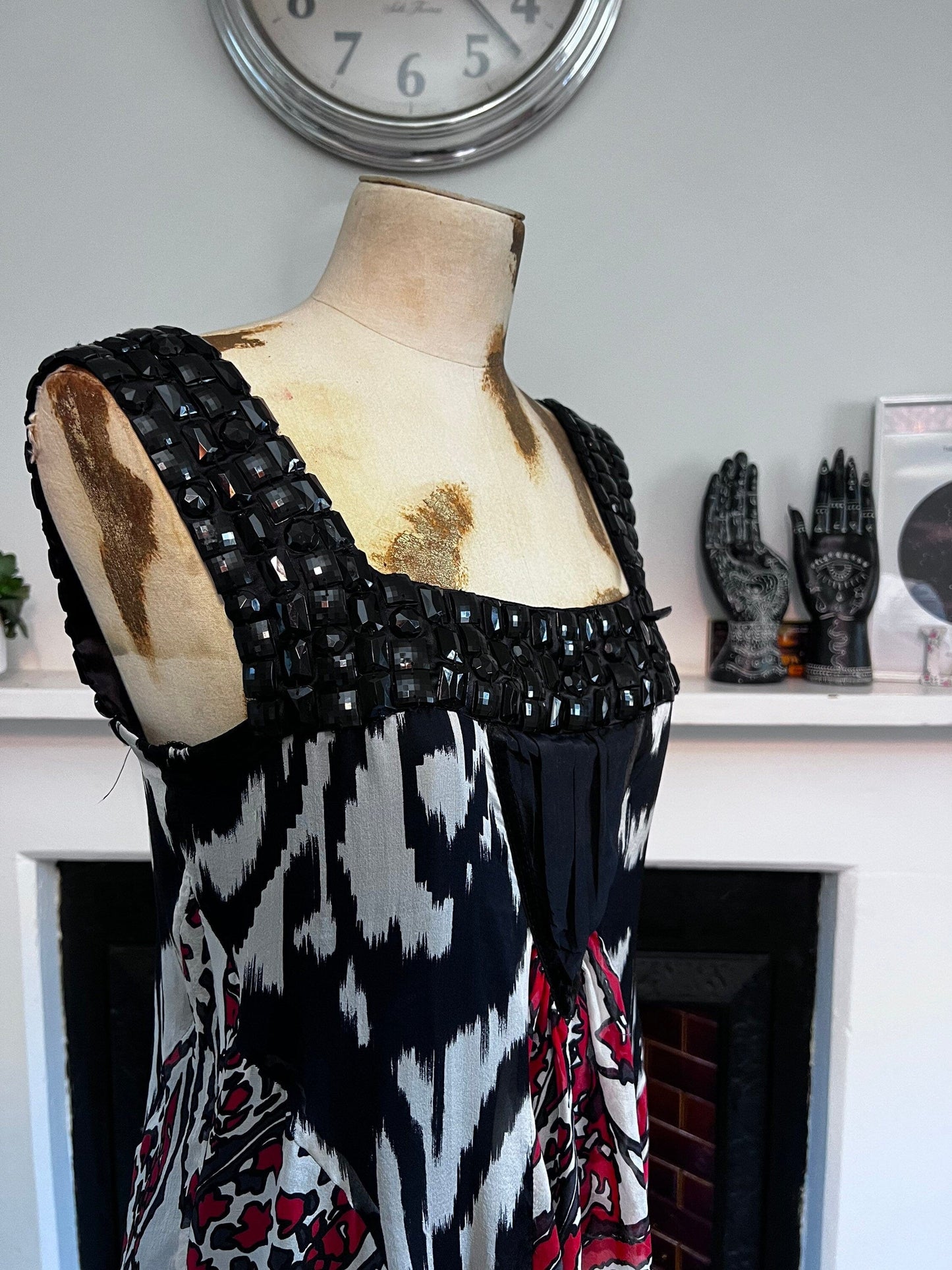 Vintage Silk Scarf Dress 1990s beaded shoulders red black vintage silk dress - Drop Hem Dress UK Medium - Vintage Zara