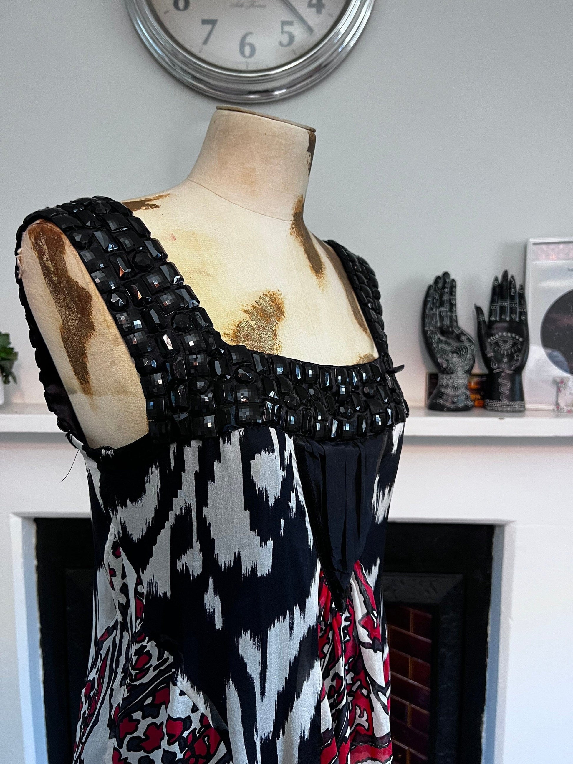 Vintage Silk Scarf Dress 1990s beaded shoulders red black vintage silk dress - Drop Hem Dress UK Medium - Vintage Zara