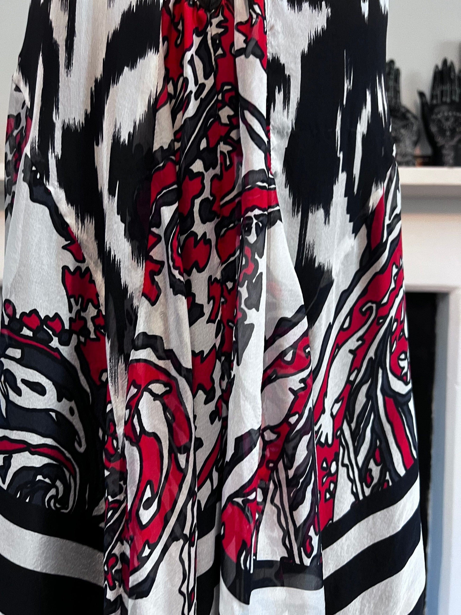 Vintage Silk Scarf Dress 1990s beaded shoulders red black vintage silk dress - Drop Hem Dress UK Medium - Vintage Zara