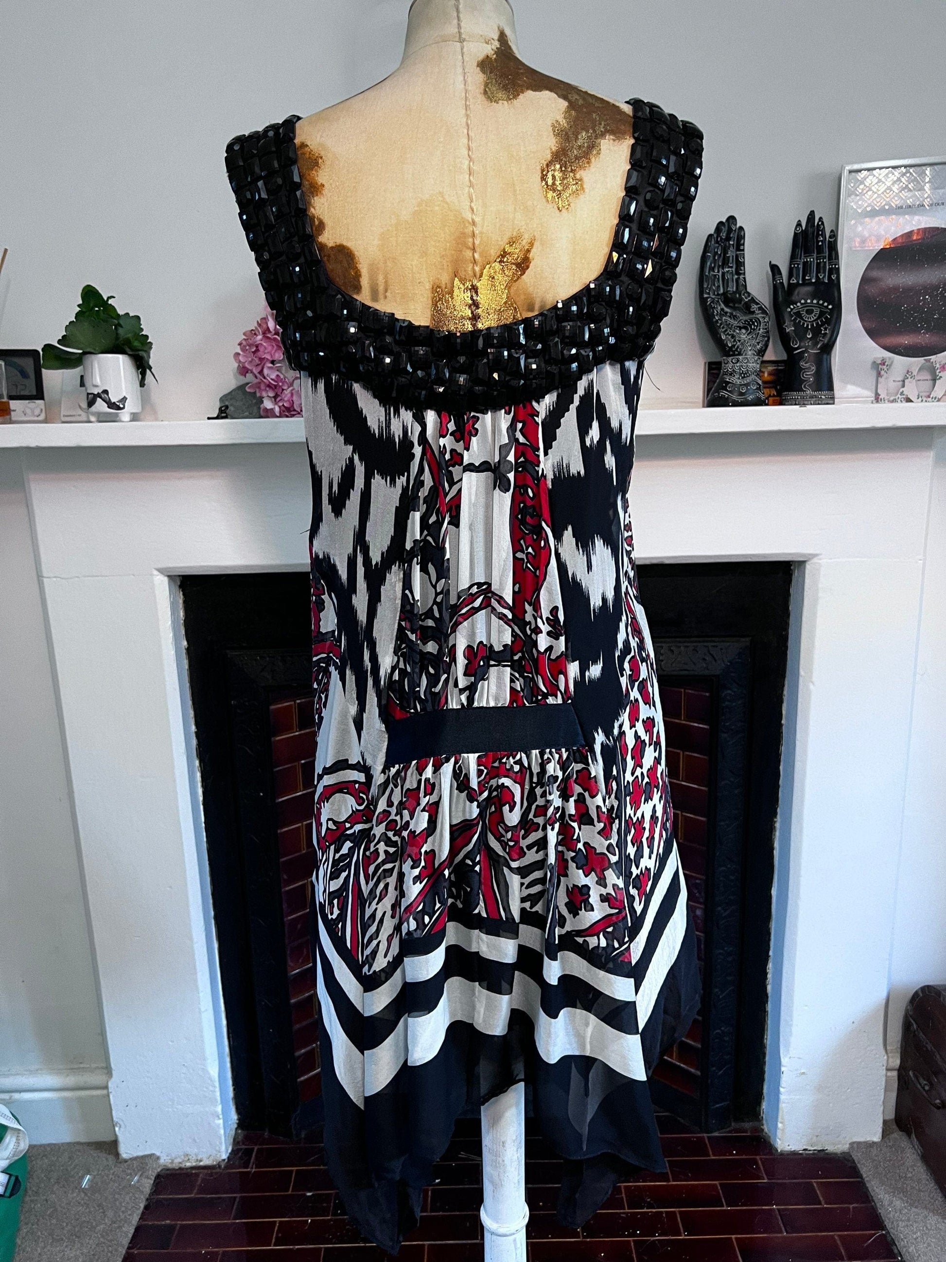 Vintage Silk Scarf Dress 1990s beaded shoulders red black vintage silk dress - Drop Hem Dress UK Medium - Vintage Zara