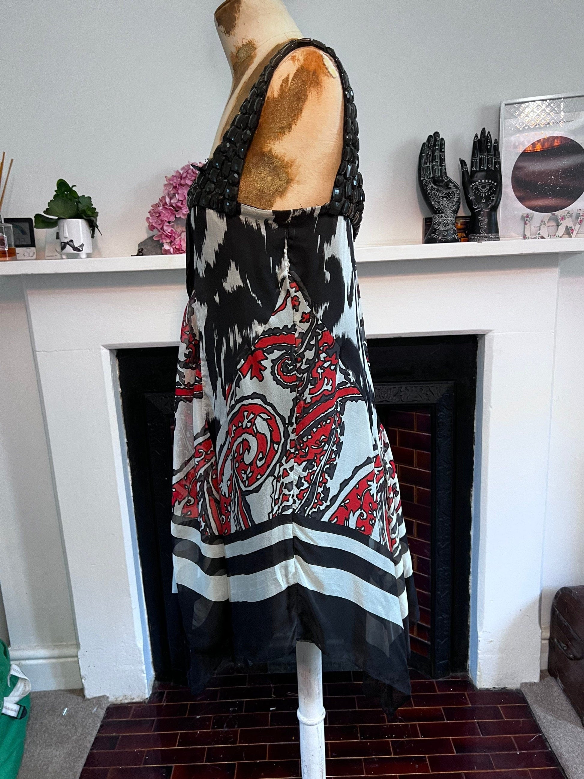 Vintage Silk Scarf Dress 1990s beaded shoulders red black vintage silk dress - Drop Hem Dress UK Medium - Vintage Zara
