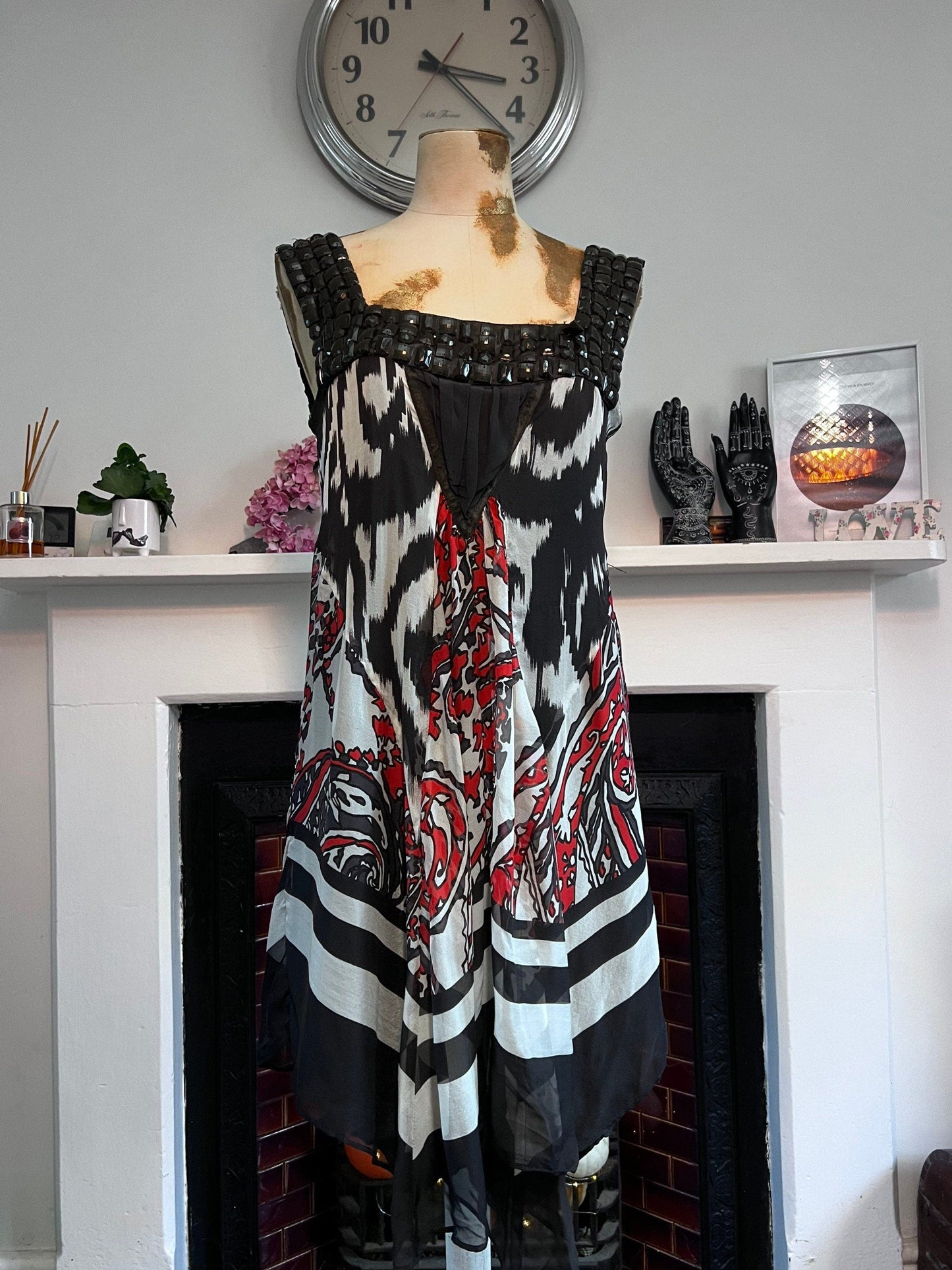 Vintage Silk Scarf Dress 1990s beaded shoulders red black vintage silk dress - Drop Hem Dress UK Medium - Vintage Zara