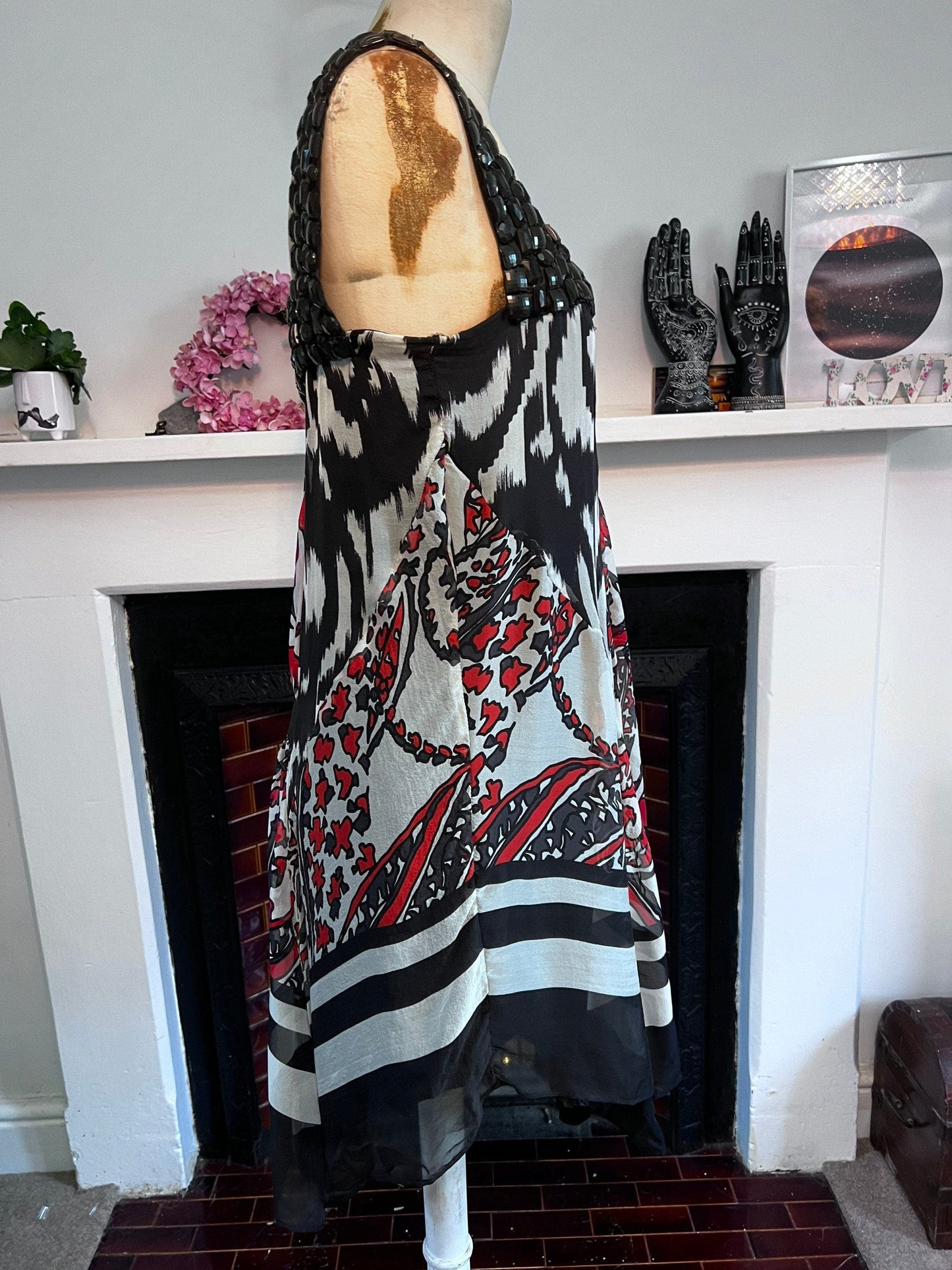 Vintage Silk Scarf Dress 1990s beaded shoulders red black vintage silk dress - Drop Hem Dress UK Medium - Vintage Zara