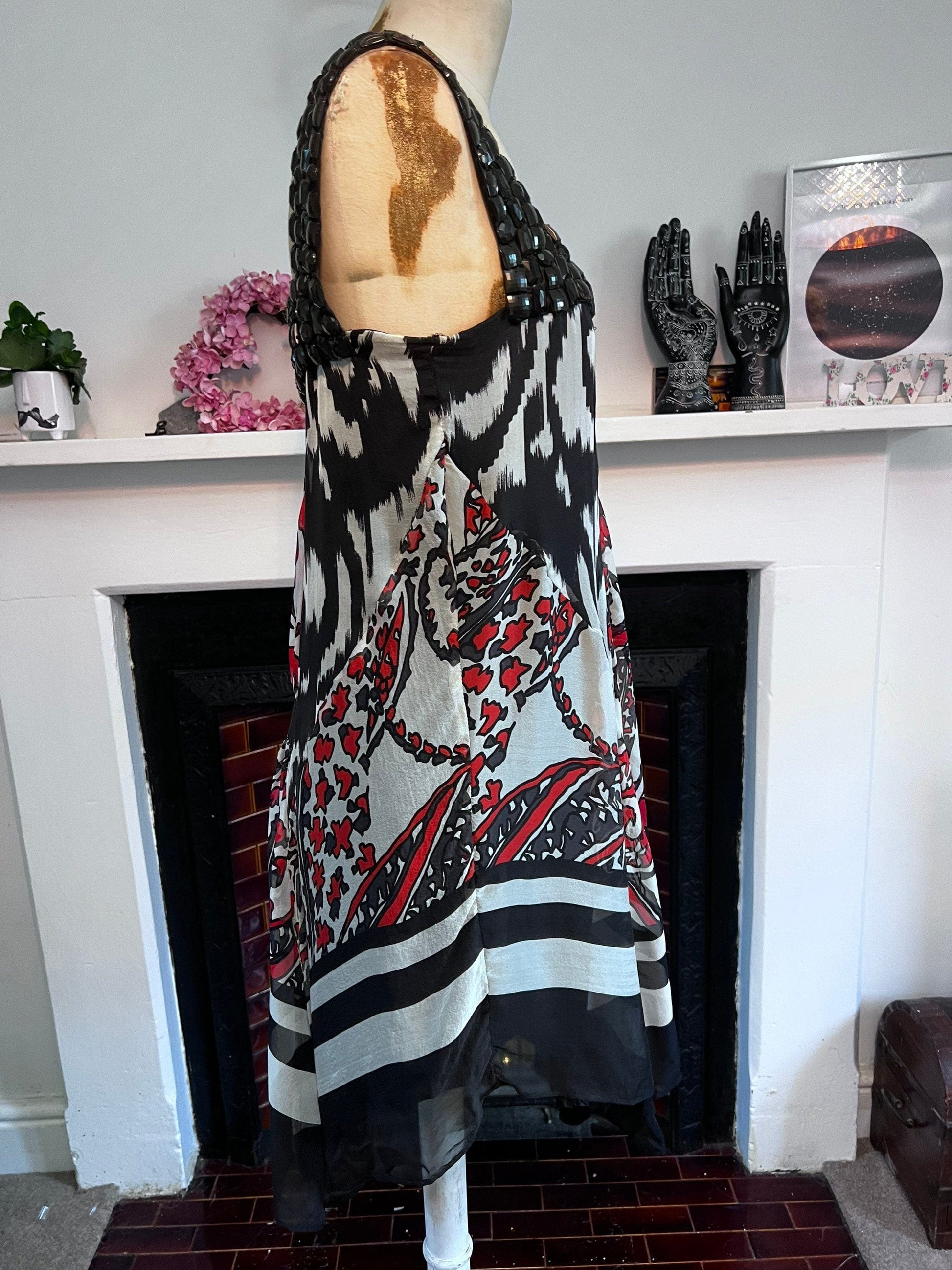 Vintage Silk Scarf Dress 1990s beaded shoulders red black vintage silk dress - Drop Hem Dress UK Medium - Vintage Zara