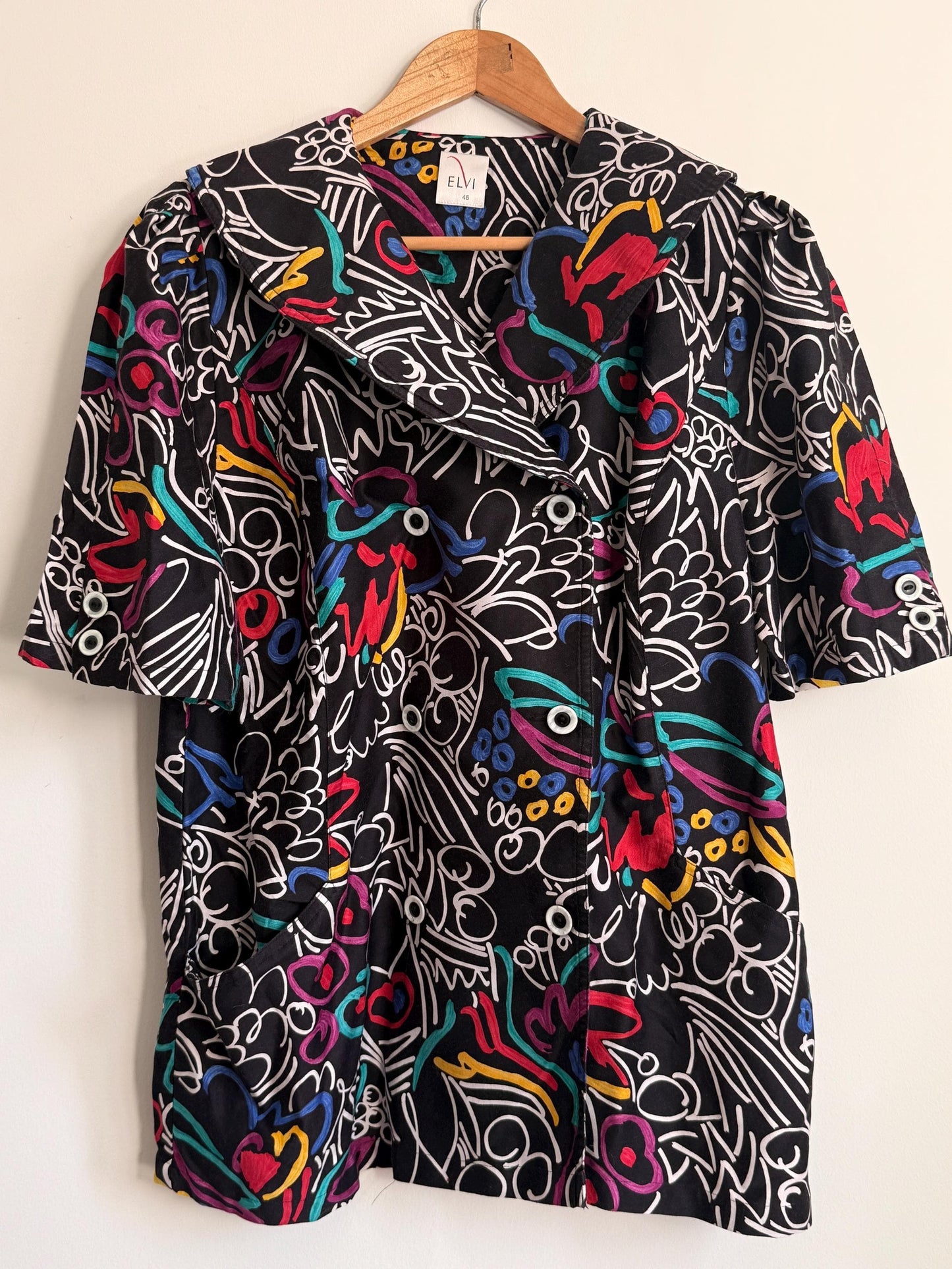 Vintage ELVI Abstract Print Blouse UK 18 | Colourful Graphic Shirt | 1980s Oversized Blouse | Retro Statement Top, Eleven Top
