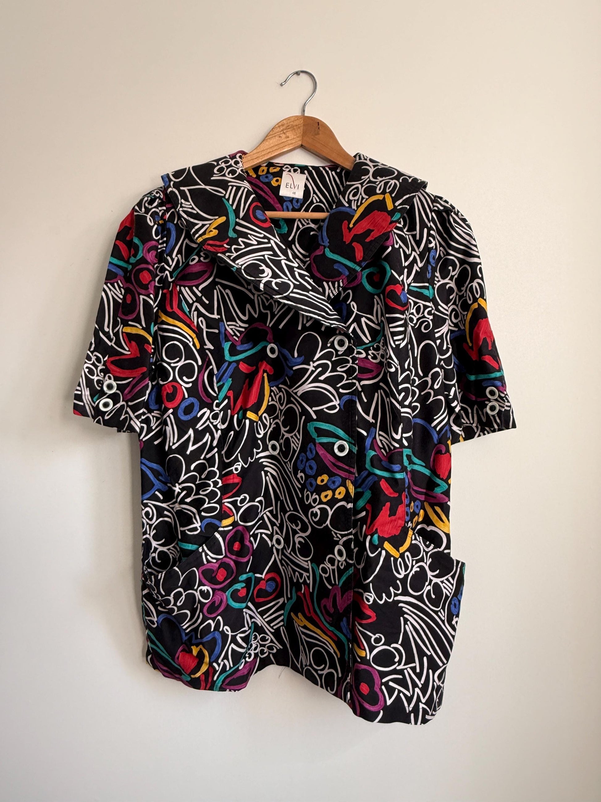 Vintage ELVI Abstract Print Blouse UK 18 | Colourful Graphic Shirt | 1980s Oversized Blouse | Retro Statement Top, Eleven Top