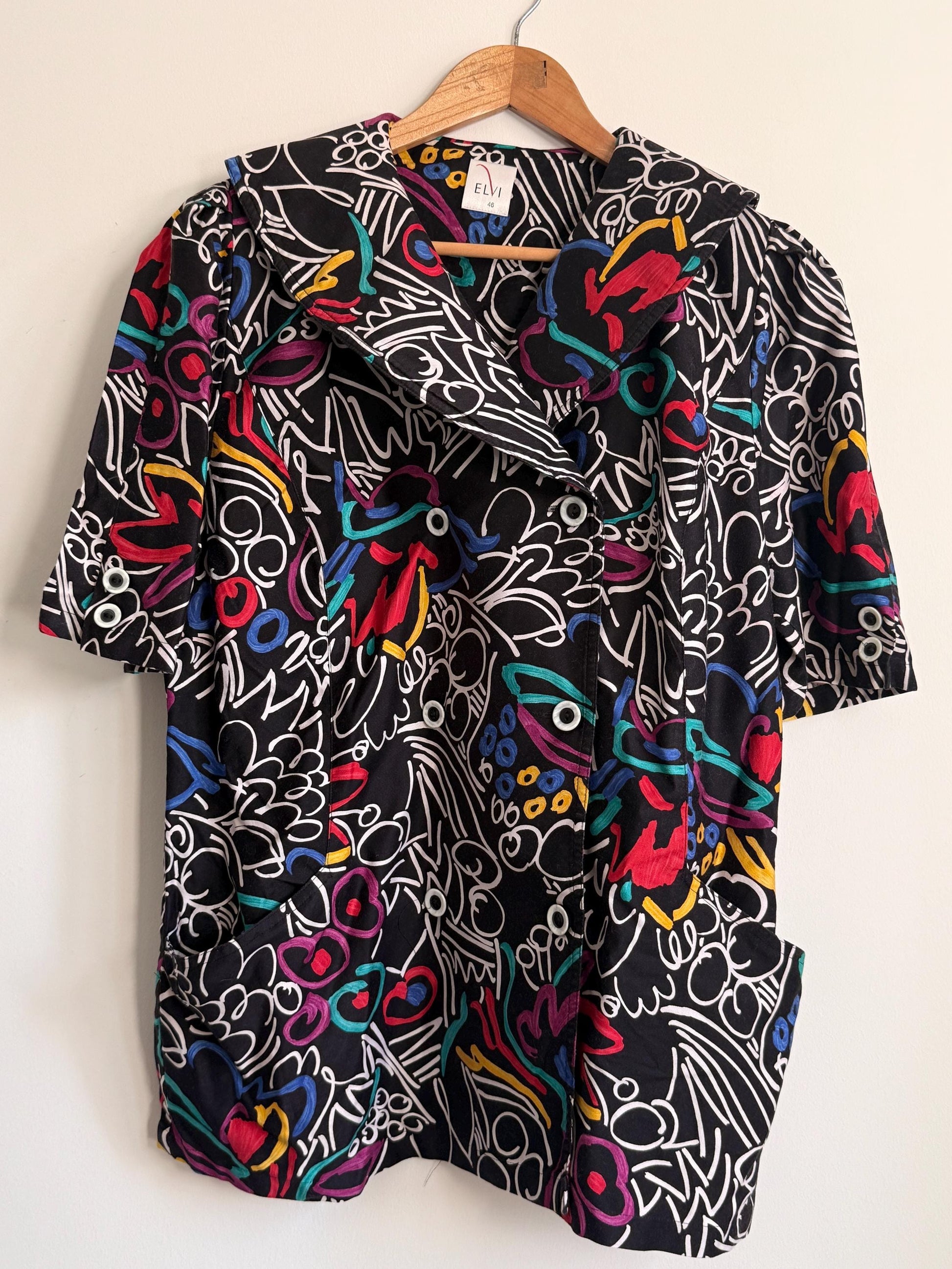 Vintage ELVI Abstract Print Blouse UK 18 | Colourful Graphic Shirt | 1980s Oversized Blouse | Retro Statement Top, Eleven Top