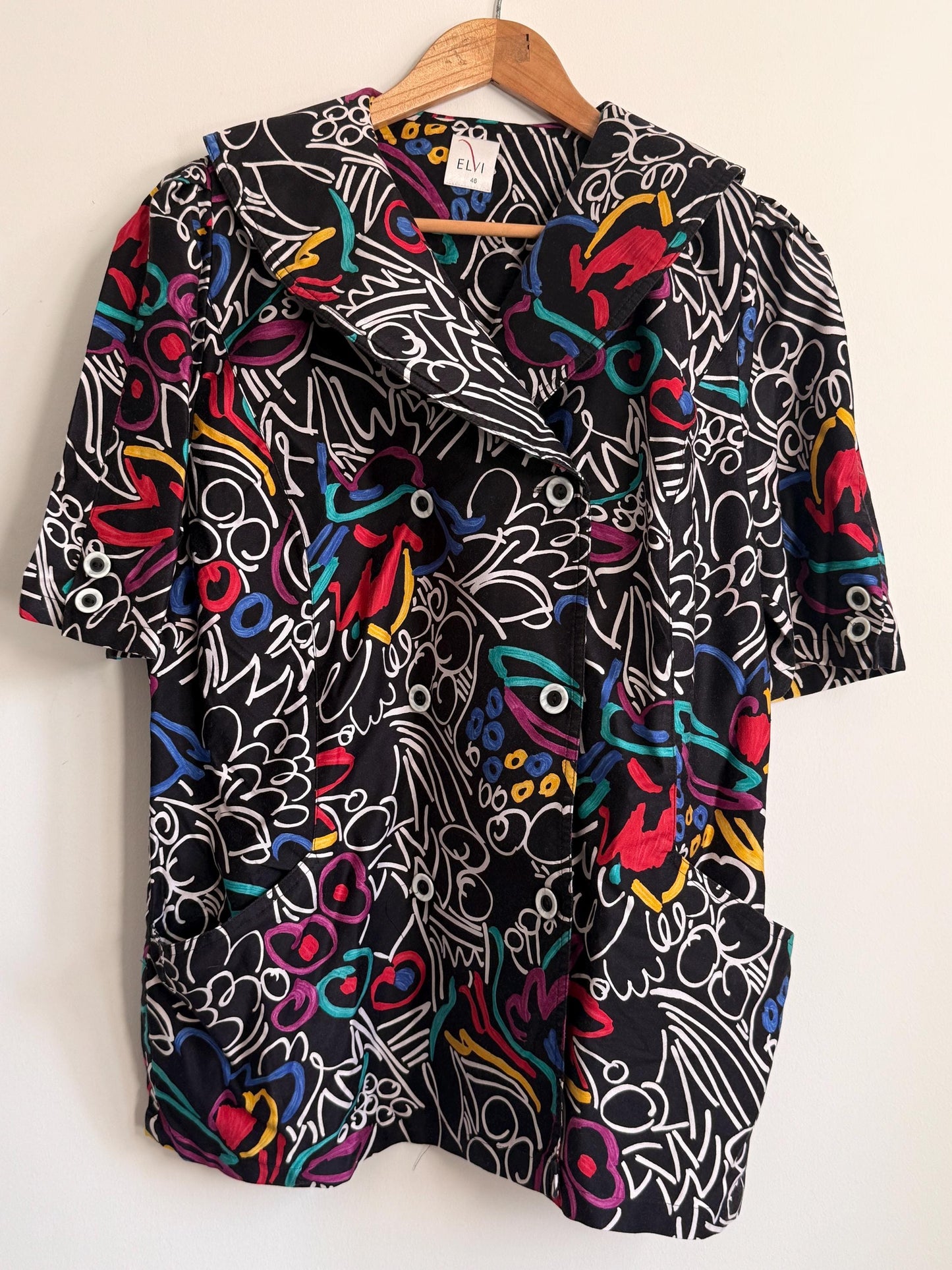 Vintage ELVI Abstract Print Blouse UK 18 | Colourful Graphic Shirt | 1980s Oversized Blouse | Retro Statement Top, Eleven Top